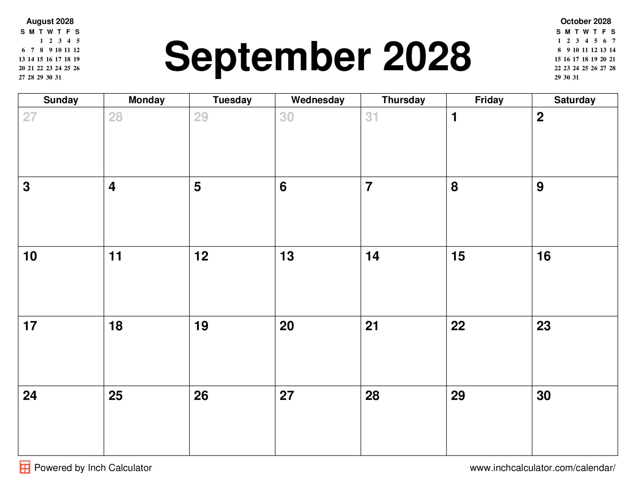September 2028 calendar without holidays
