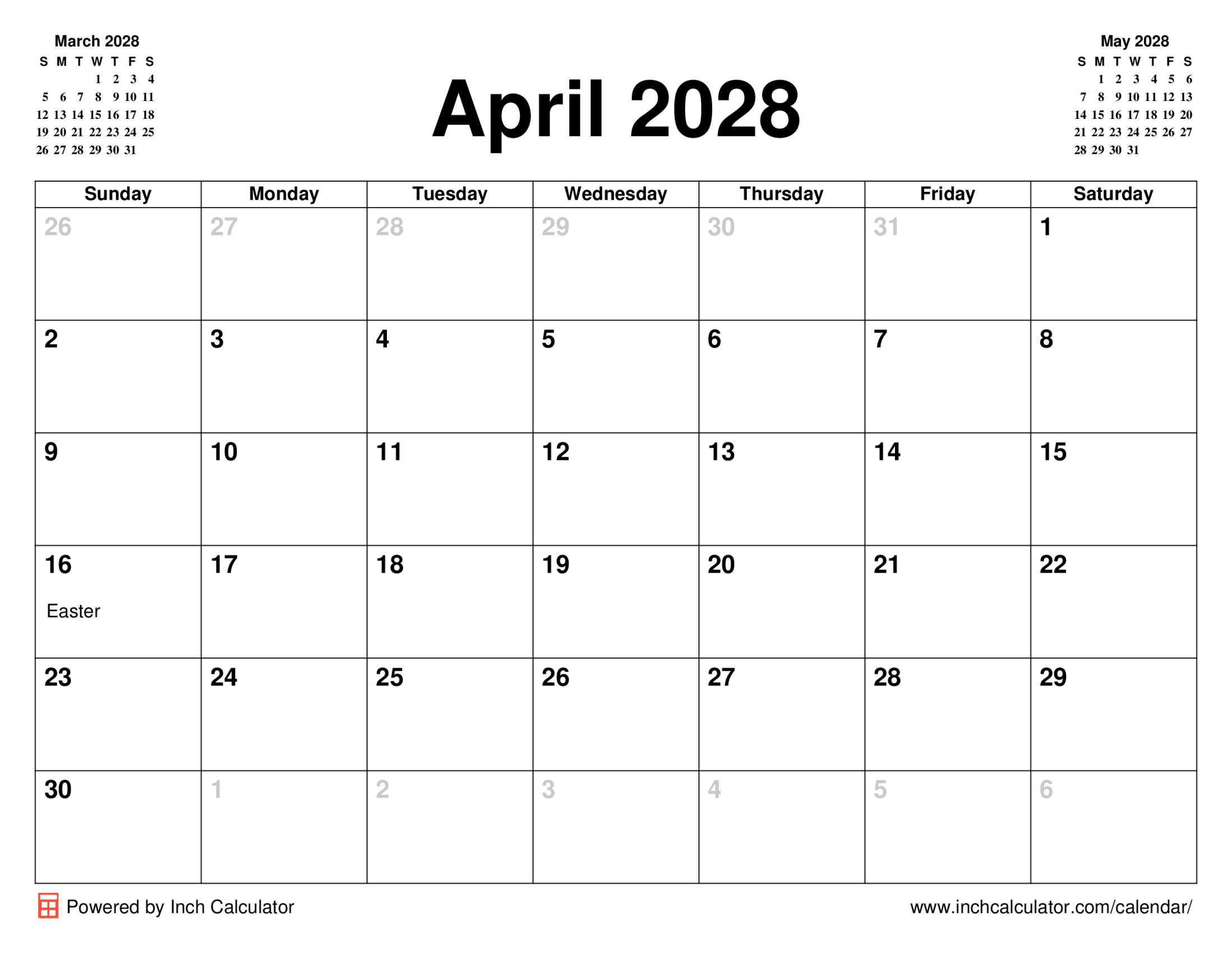 April 2028 calendar with holidays