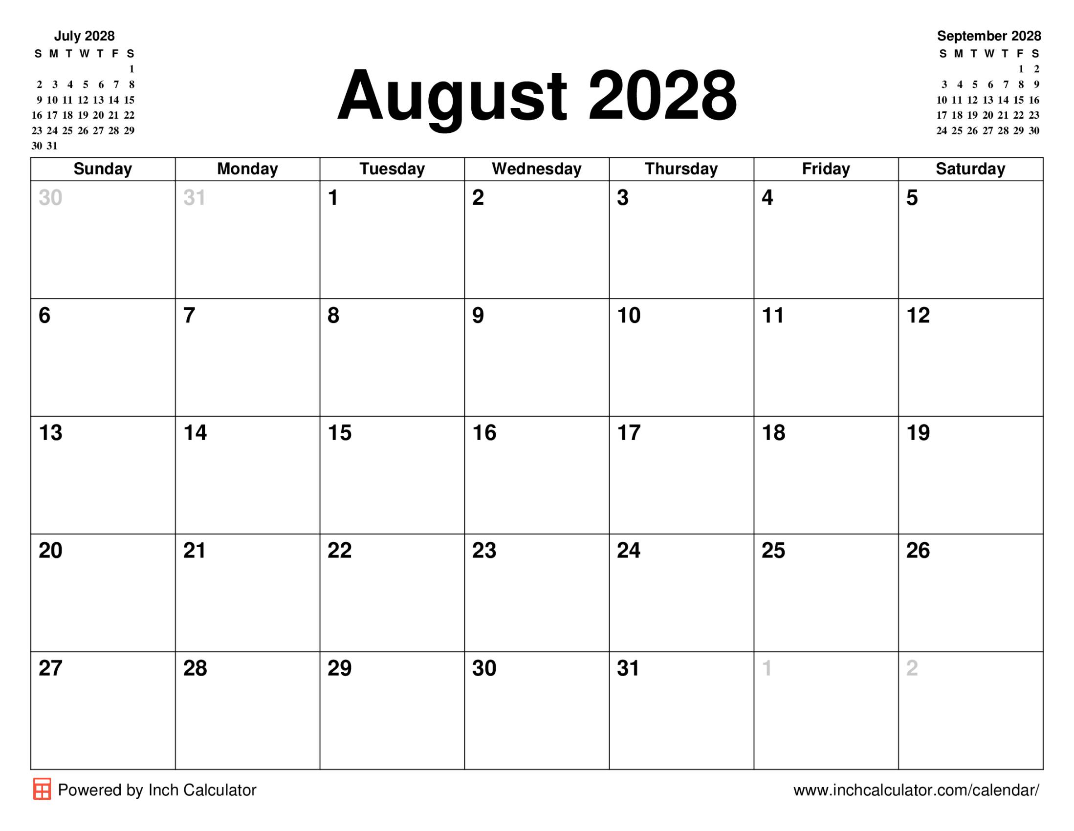 August 2028 calendar with holidays