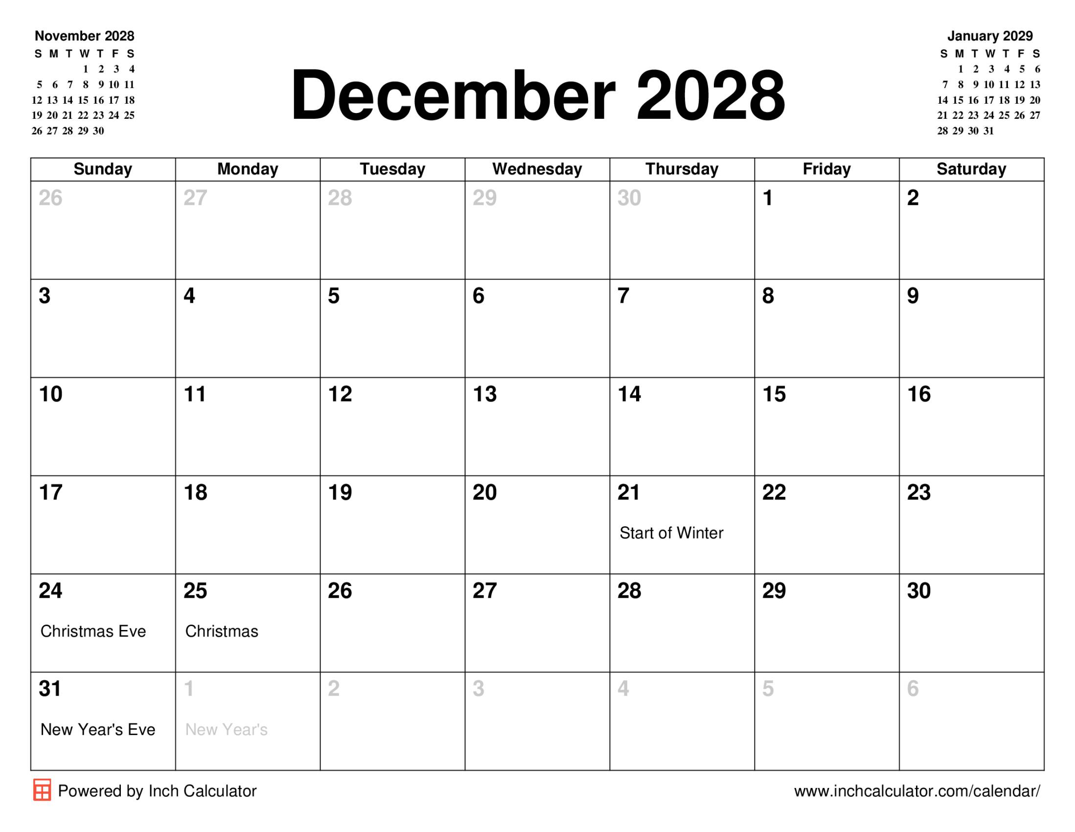 December 2028 calendar with holidays