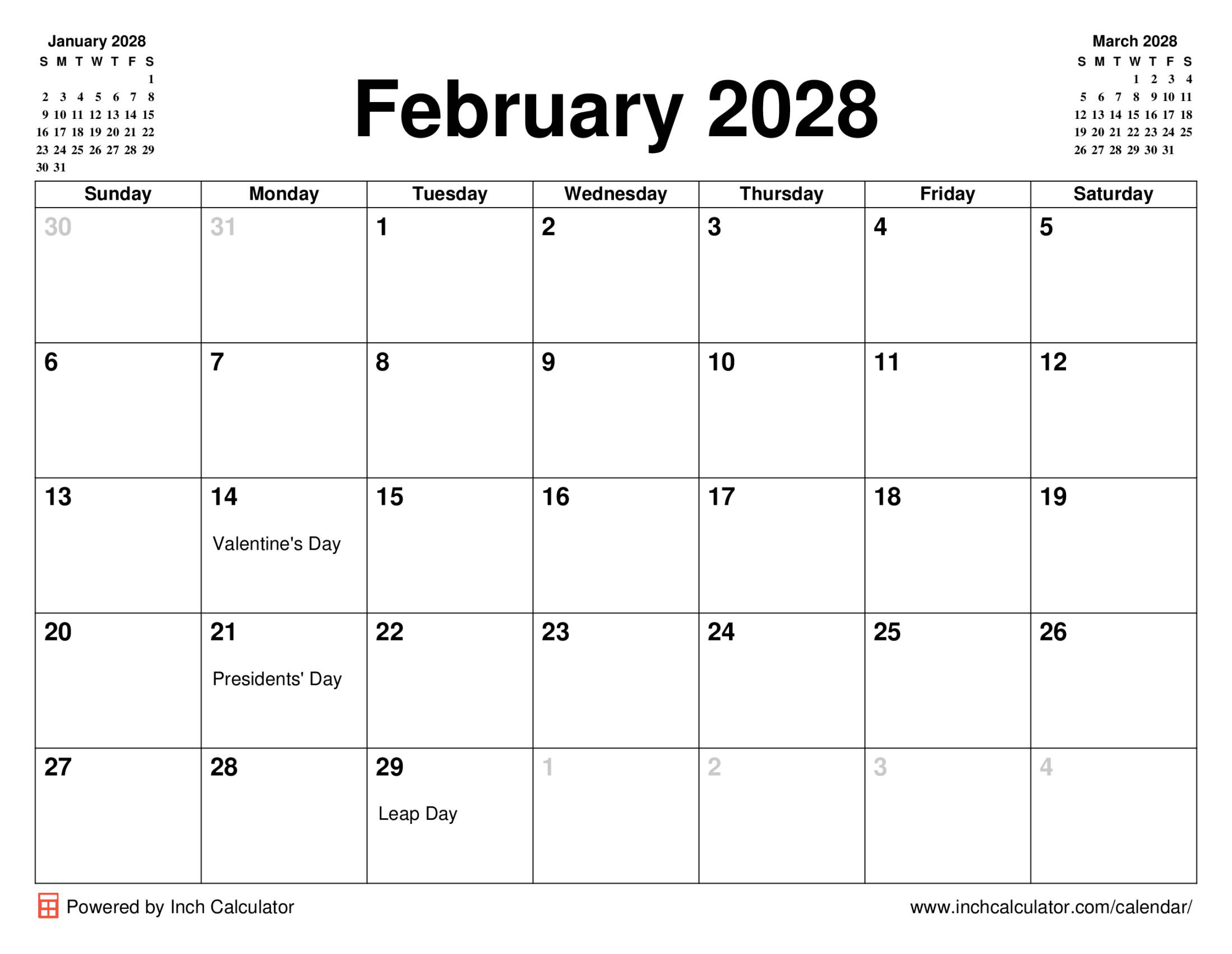 February 2028 calendar with holidays