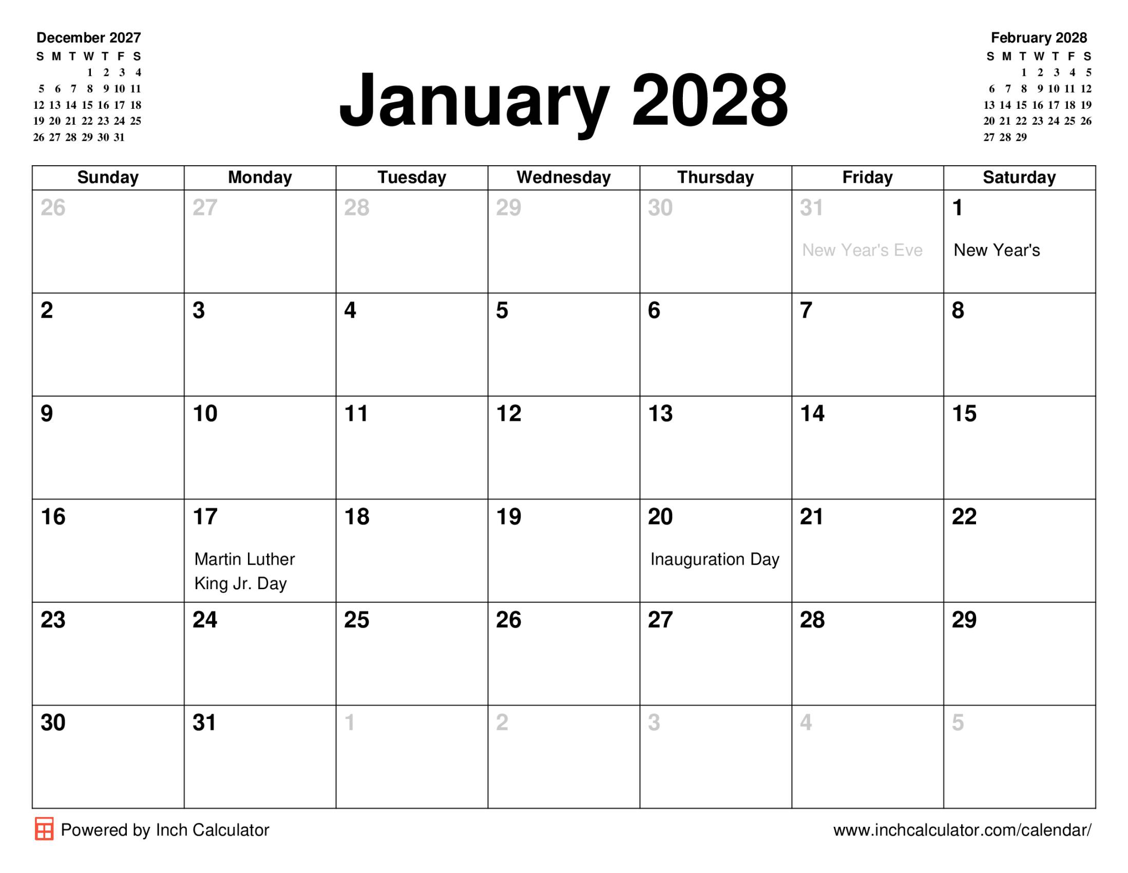 January 2028 calendar with holidays