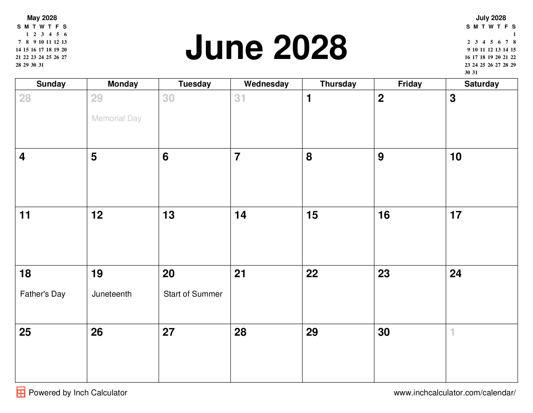 June 2028 calendar with holidays