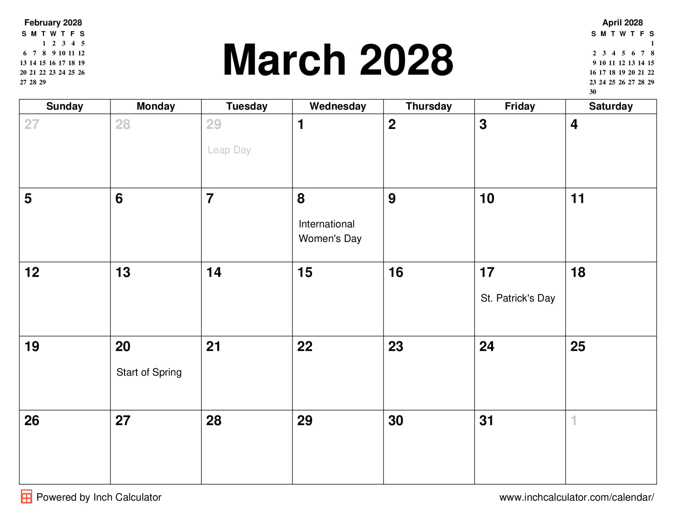 March 2028 calendar with holidays