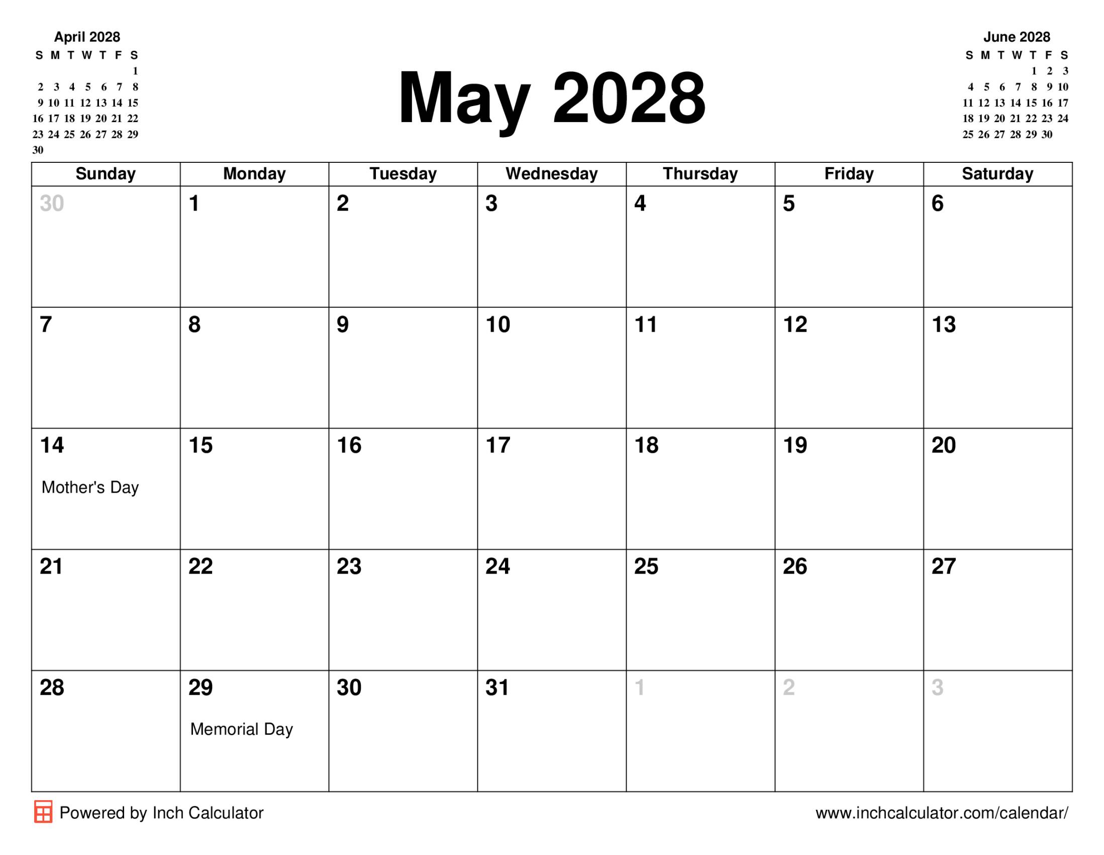 May 2028 calendar with holidays