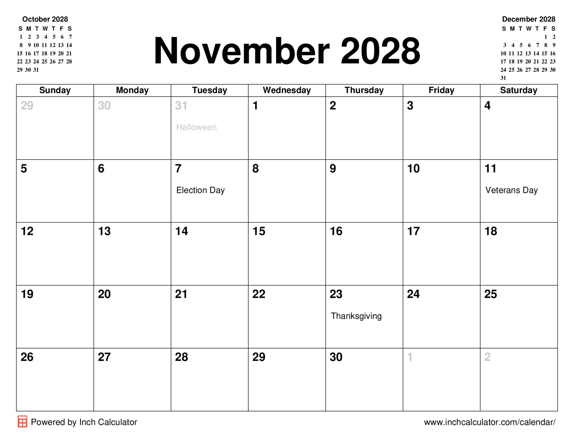 November 2028 calendar with holidays