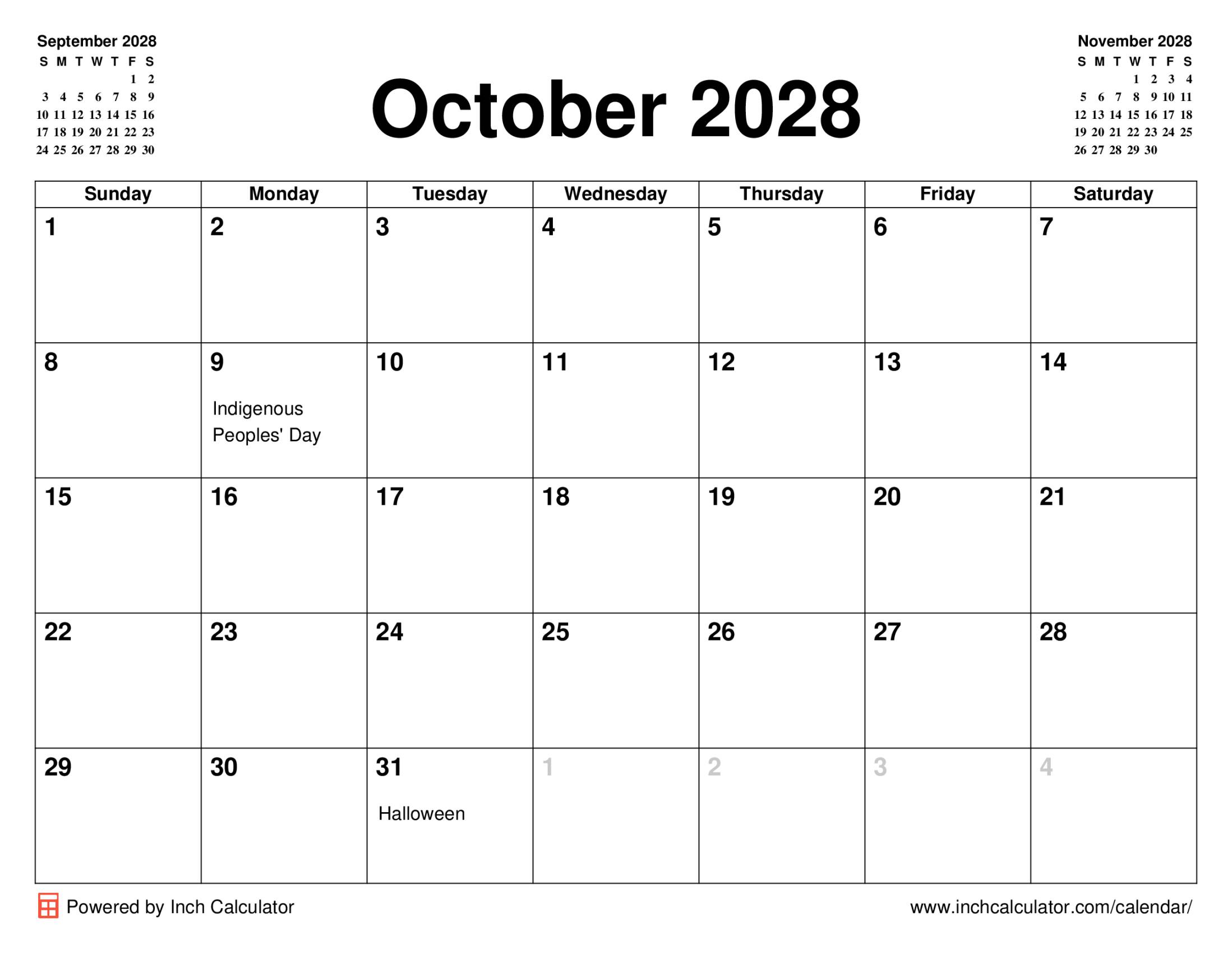 October 2028 calendar with holidays