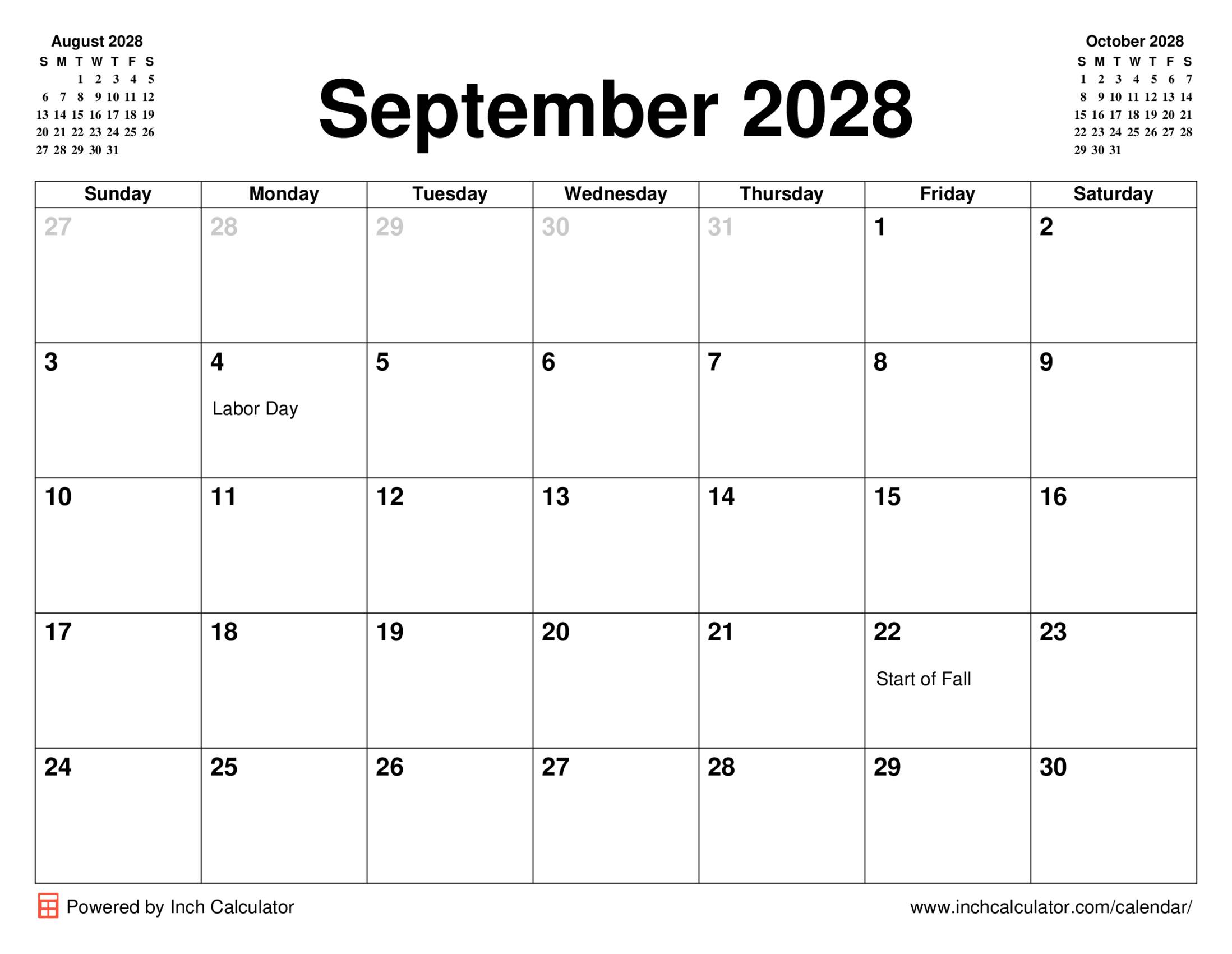 September 2028 calendar with holidays