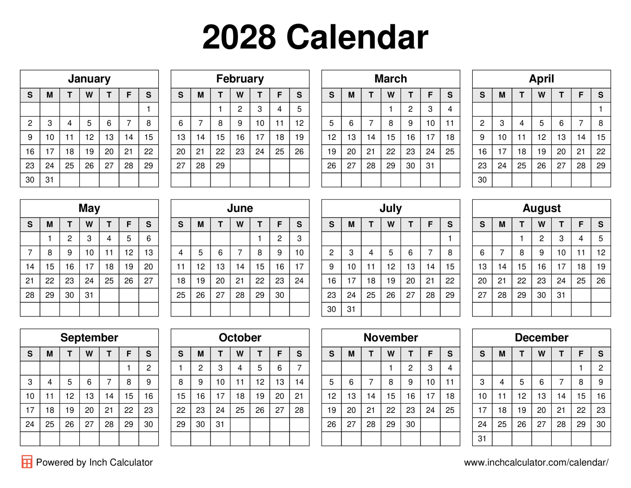 2028 calendar (landscape)