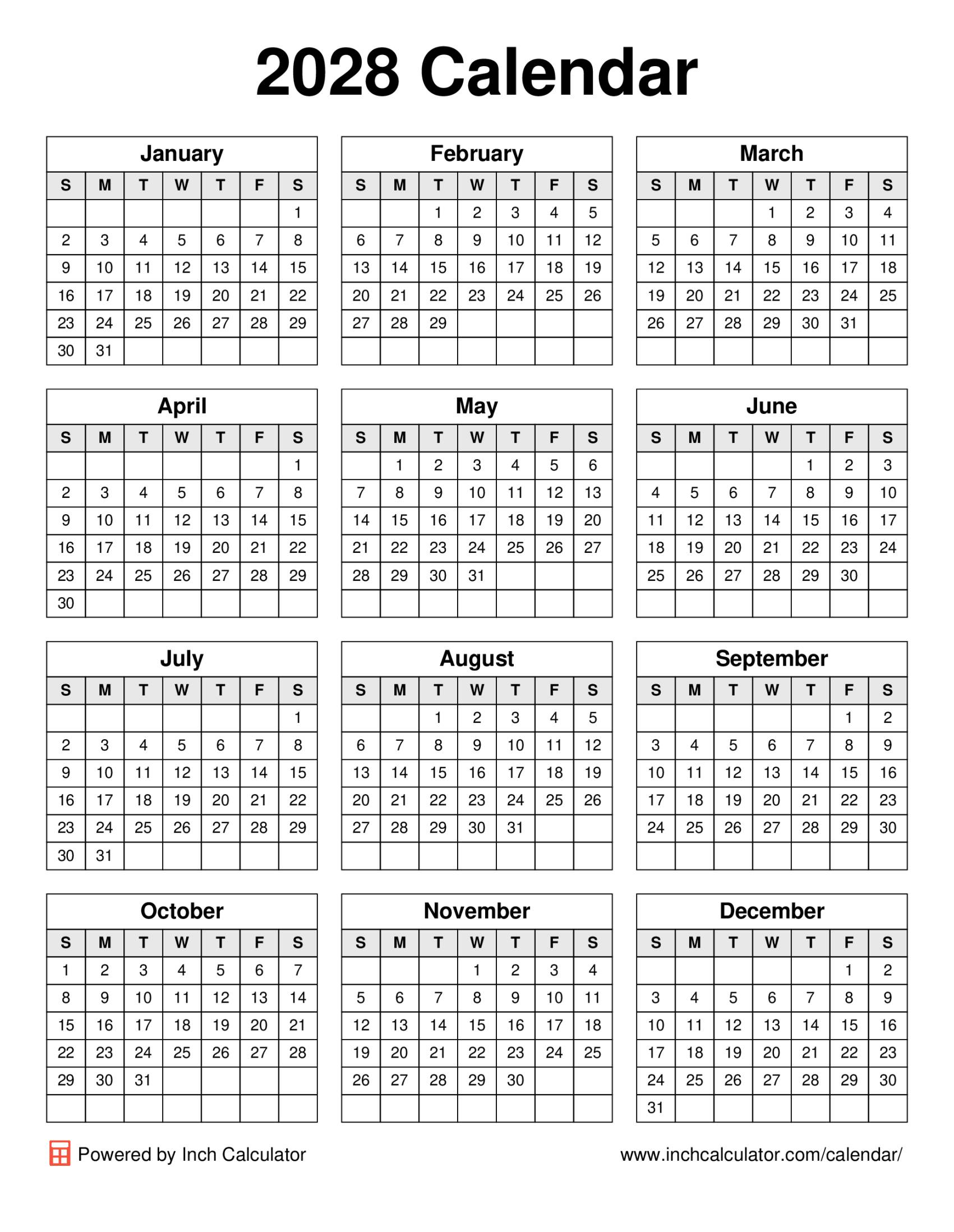 2028 calendar (portrait)