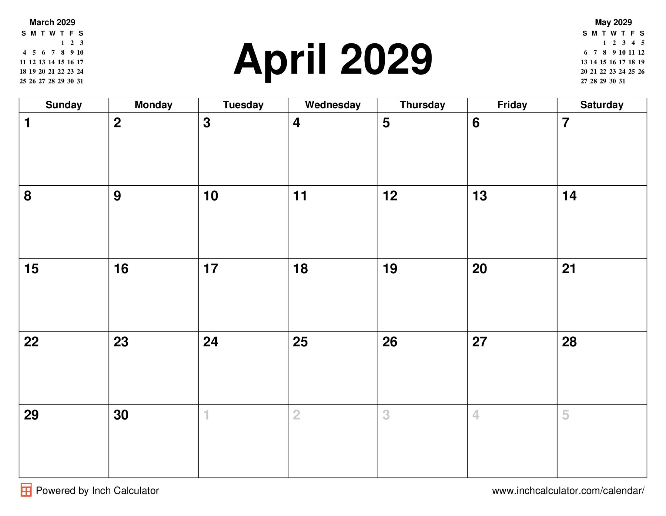 April 2029 calendar without holidays