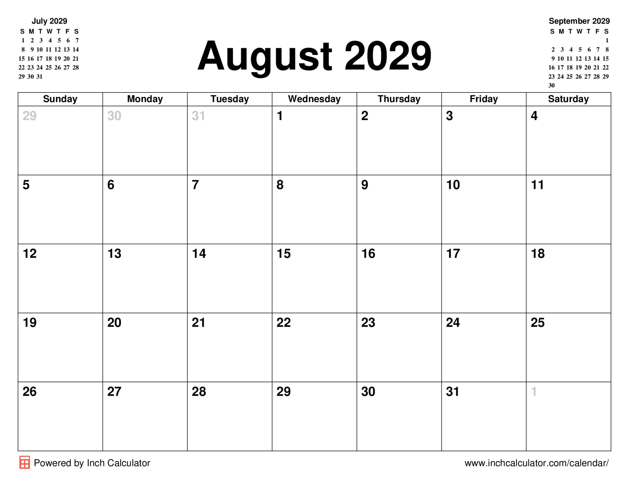 August 2029 calendar without holidays