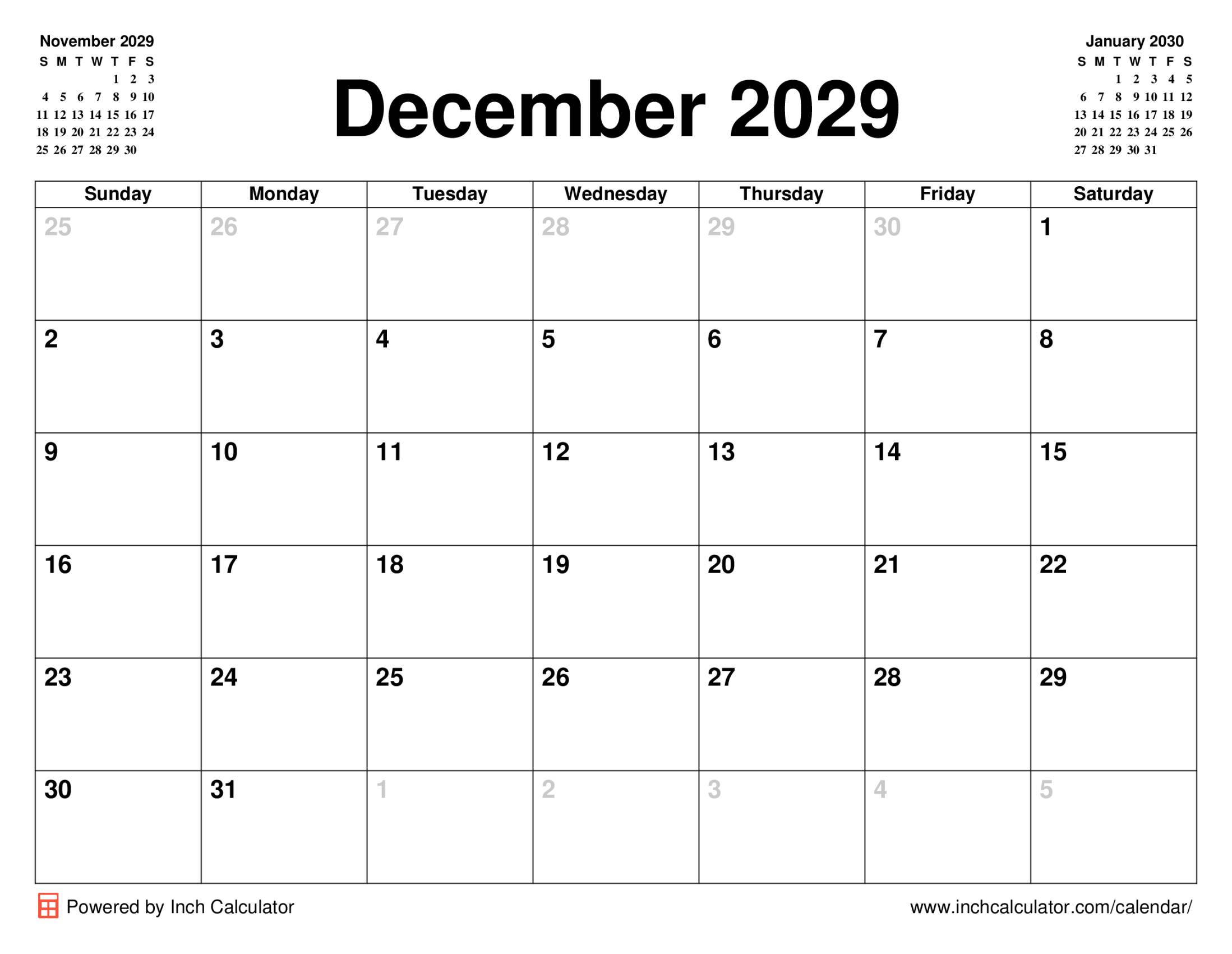 December 2029 calendar without holidays