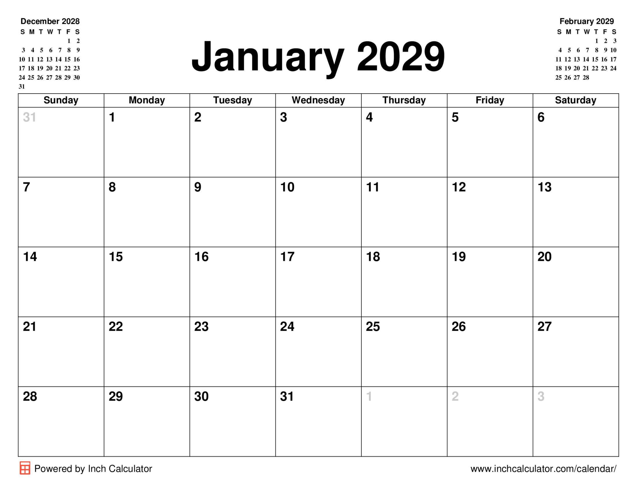 January 2029 calendar without holidays