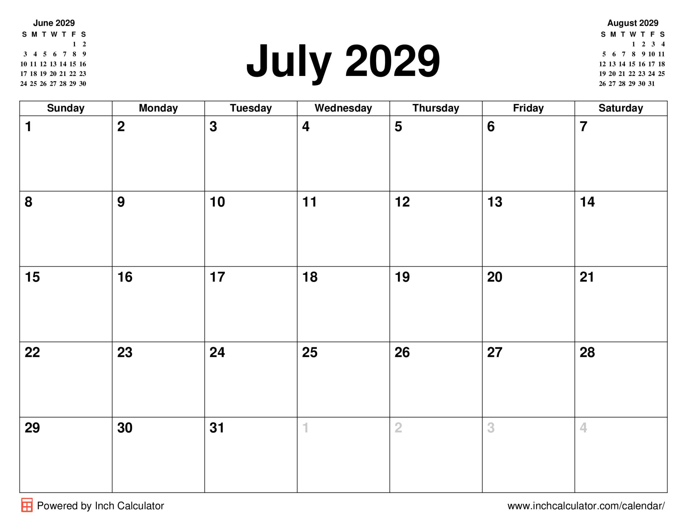 July 2029 calendar without holidays