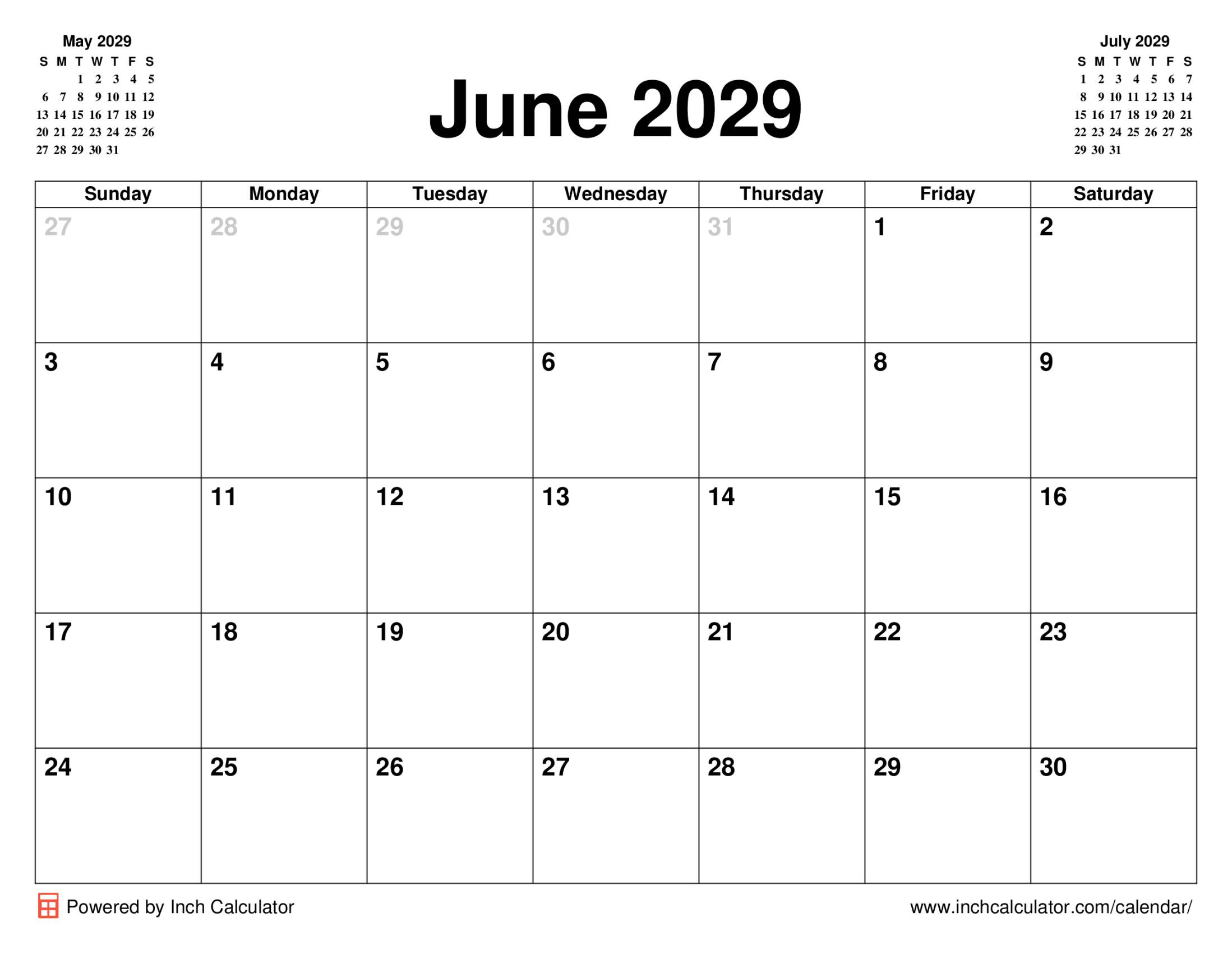 June 2029 calendar without holidays