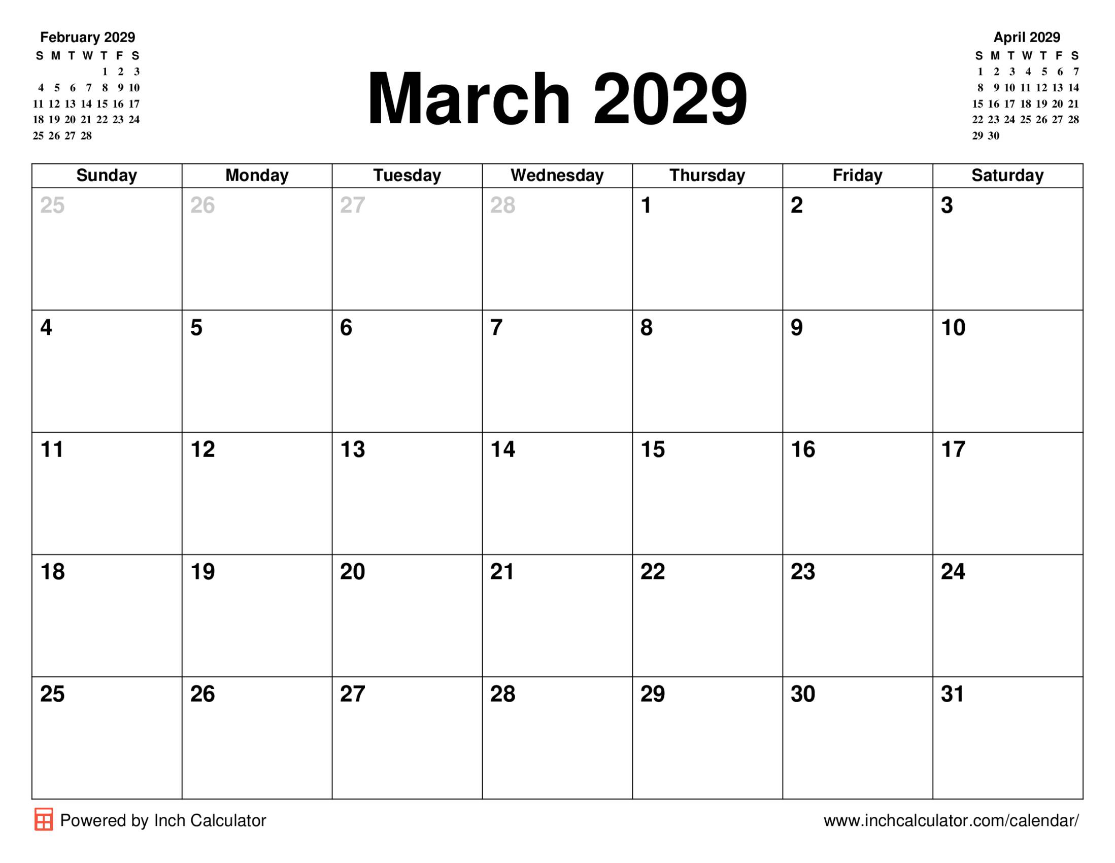 March 2029 calendar without holidays