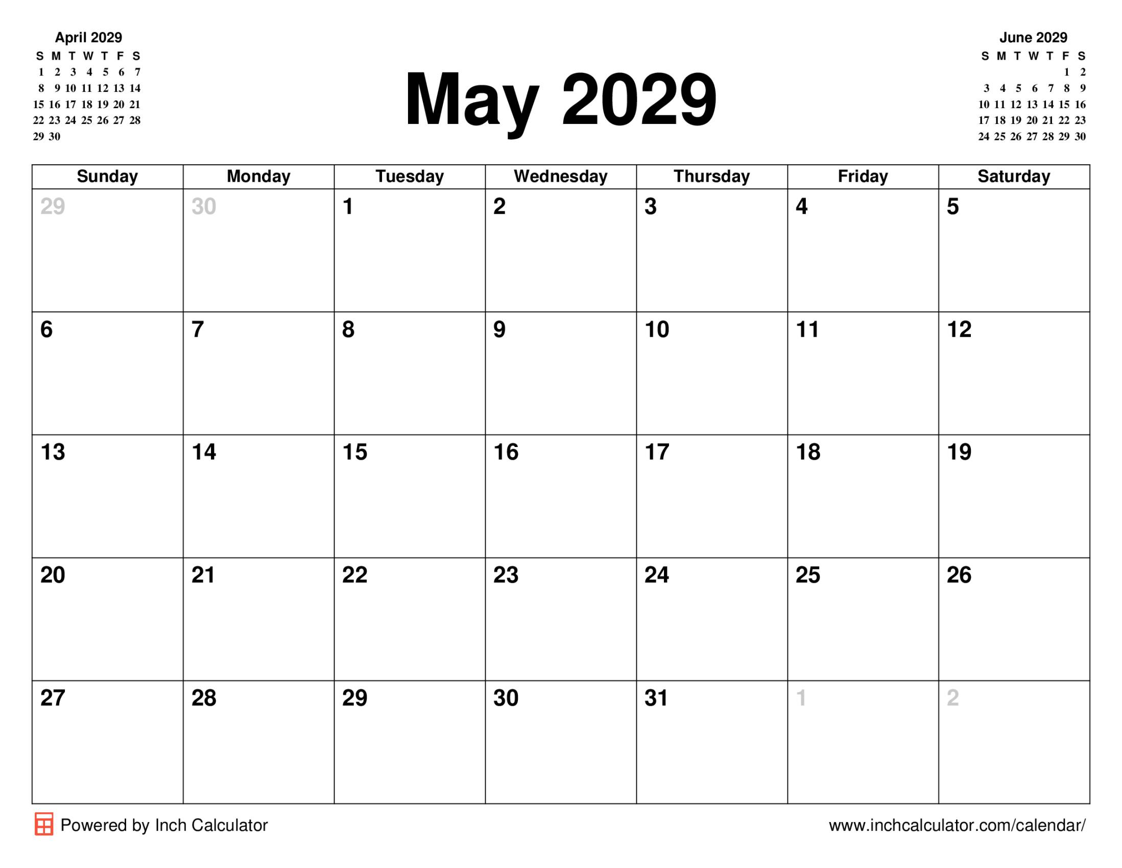 May 2029 calendar without holidays