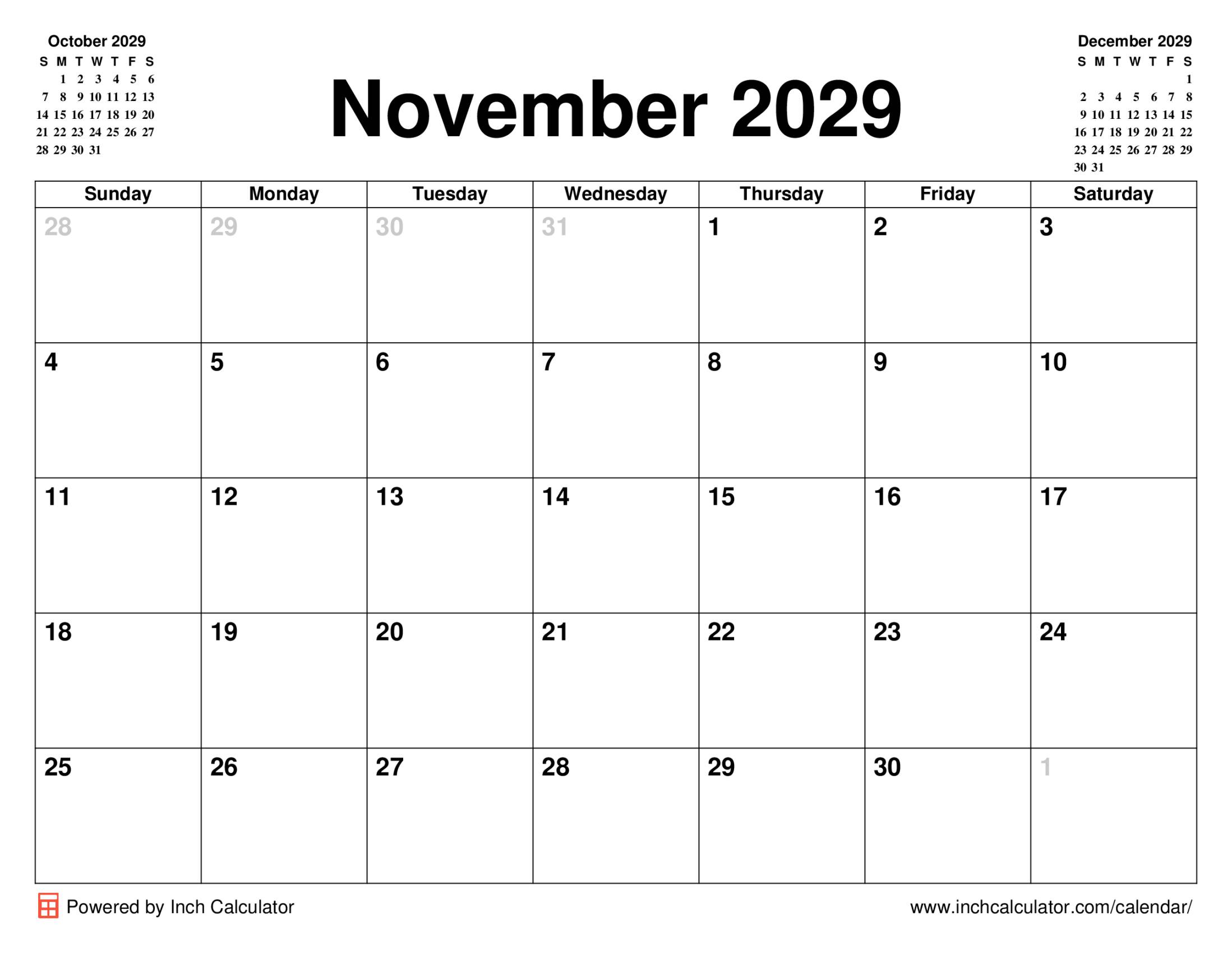 November 2029 calendar without holidays