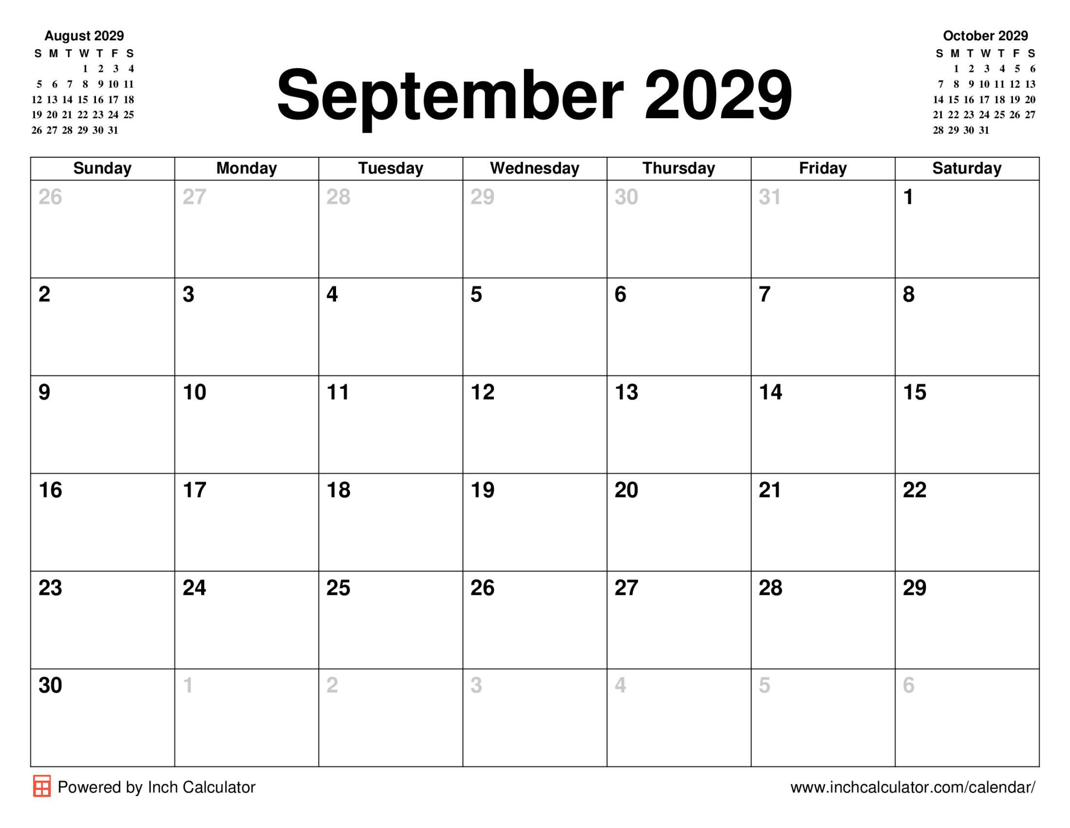September 2029 calendar without holidays