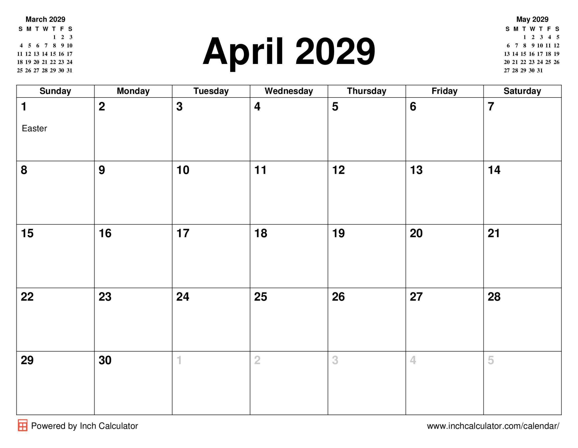April 2029 calendar with holidays