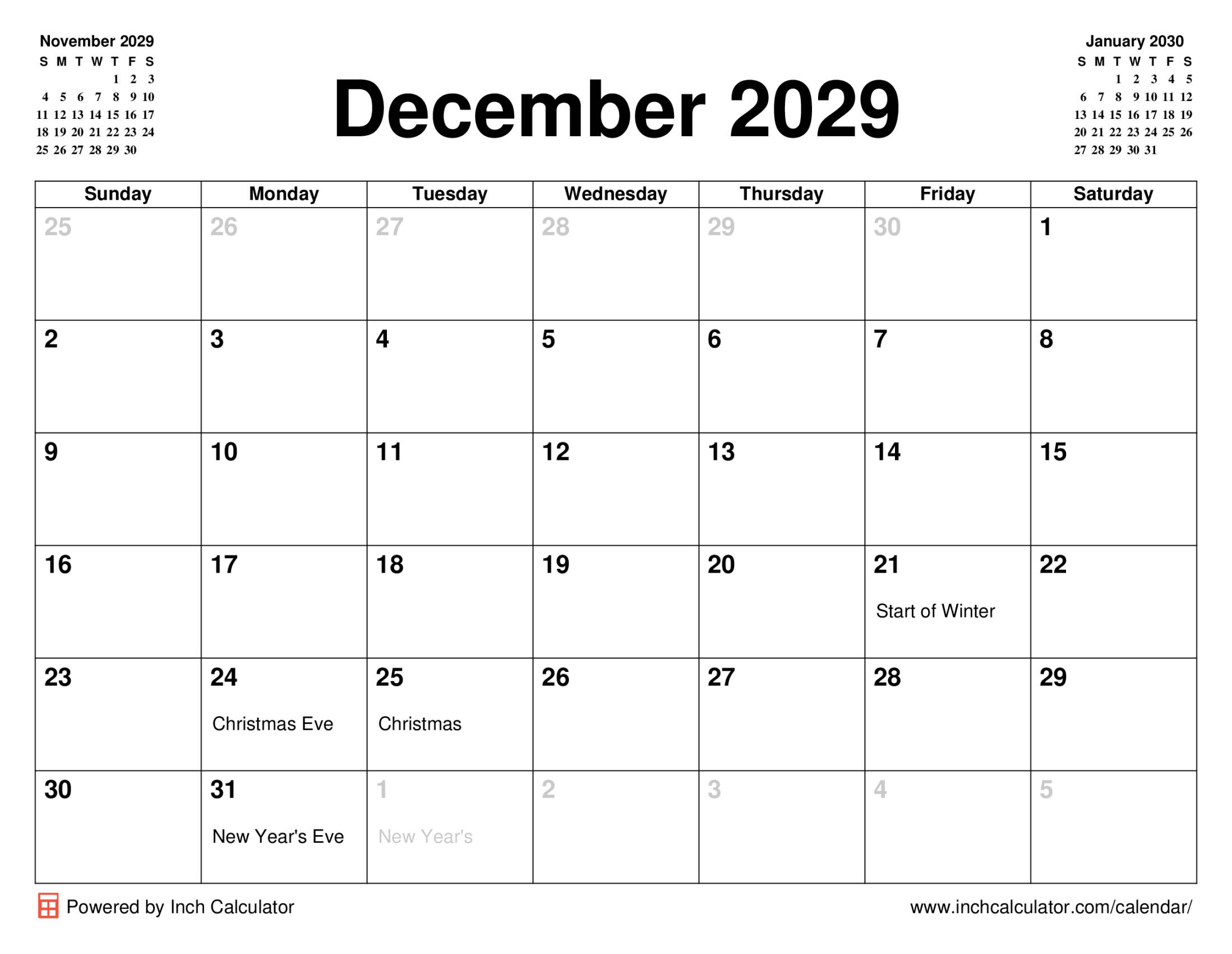 December 2029 calendar with holidays