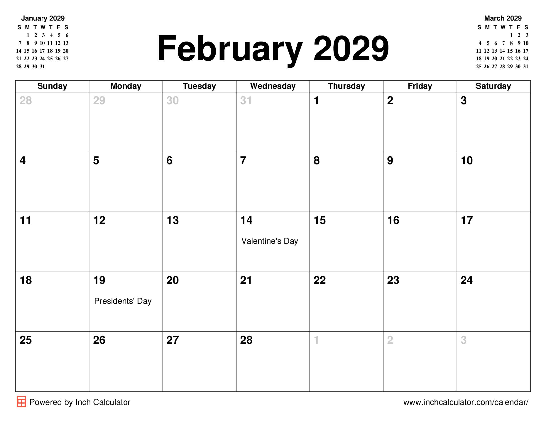 February 2029 calendar with holidays