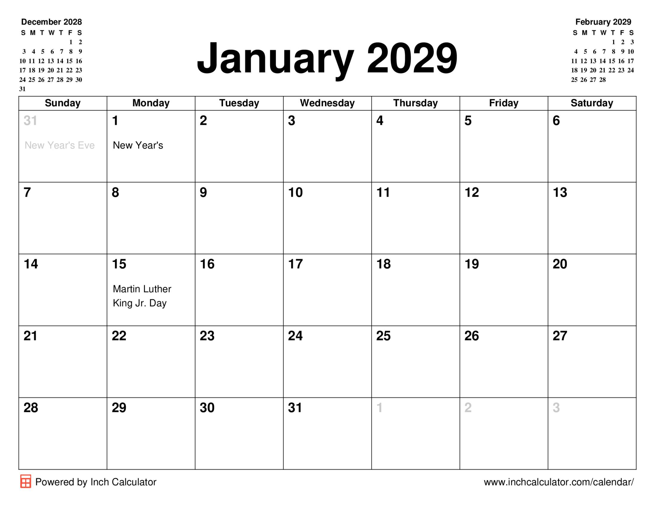 January 2029 calendar with holidays