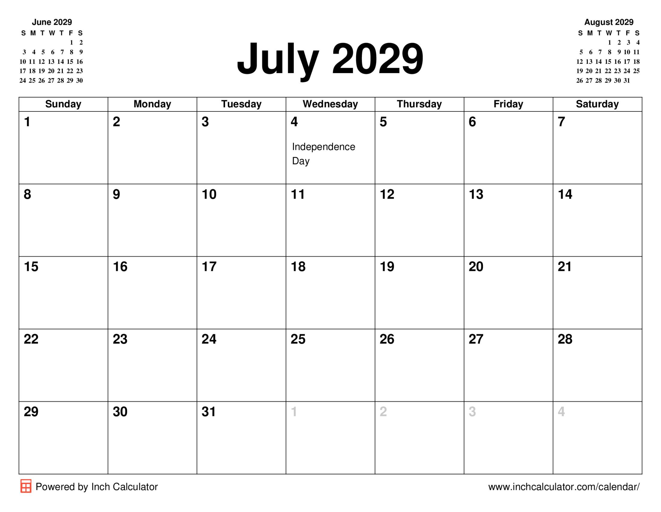 July 2029 calendar with holidays