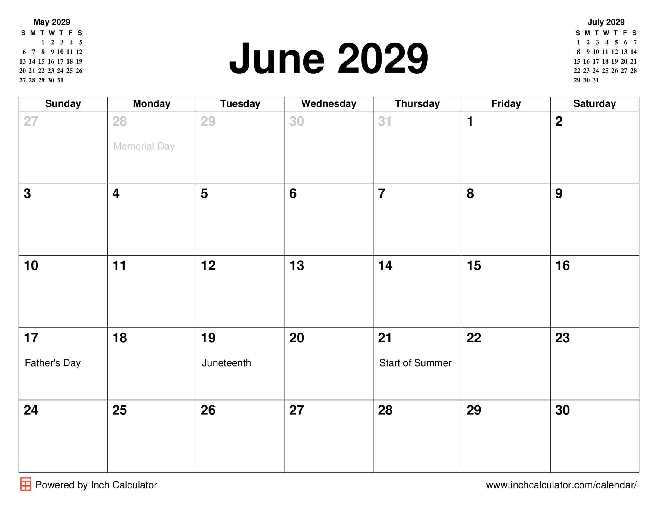 June 2029 calendar with holidays