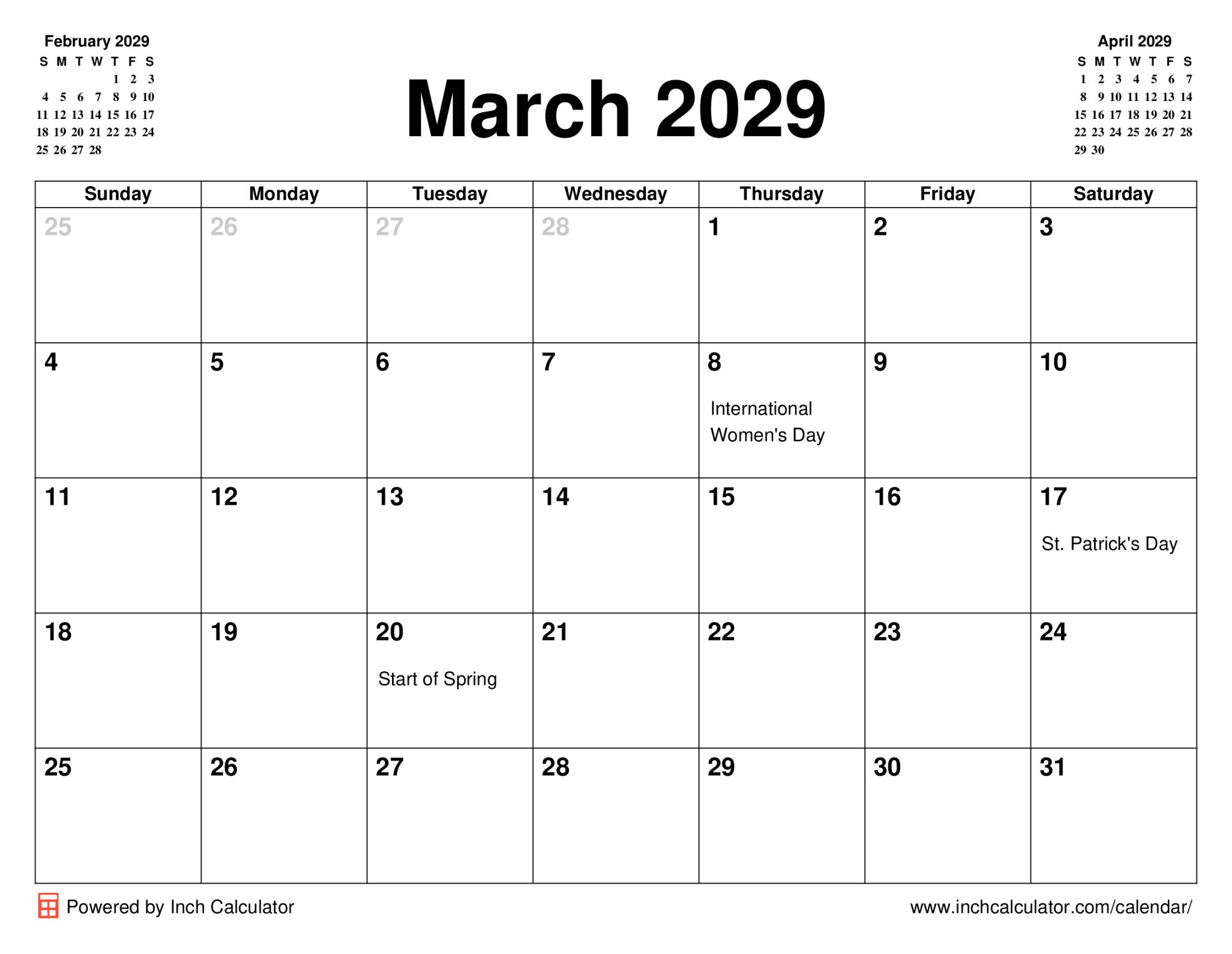 March 2029 calendar with holidays