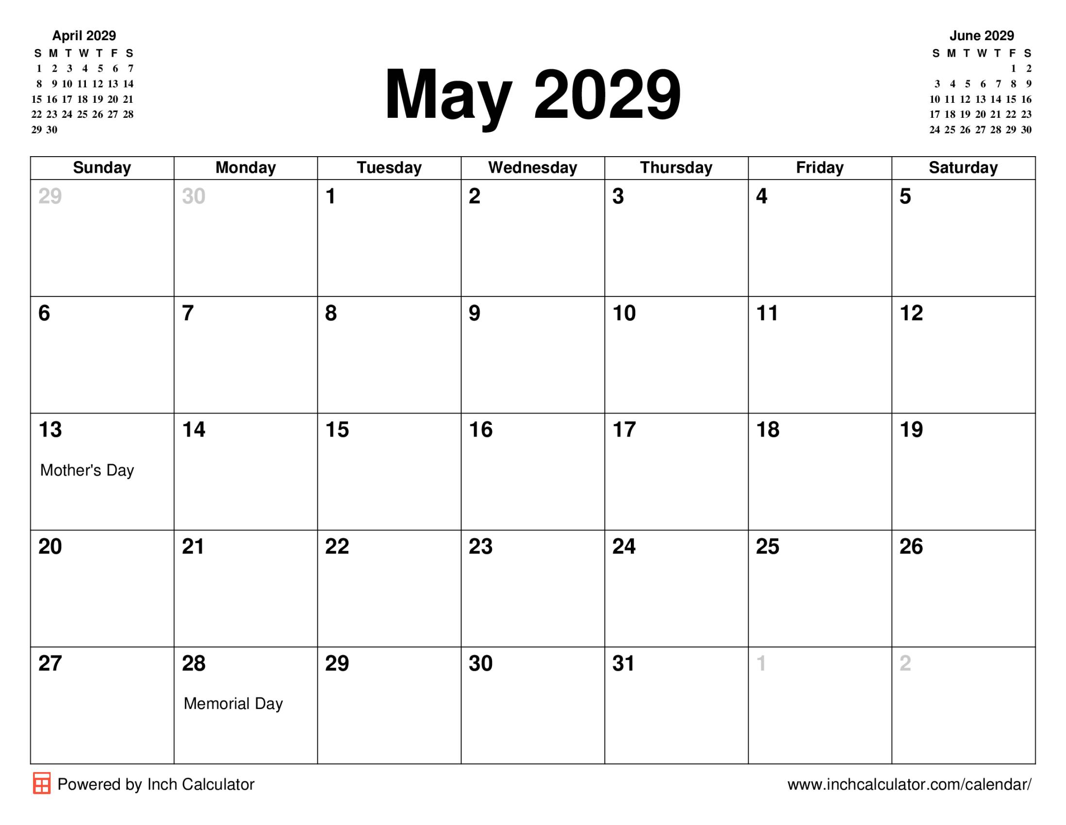 May 2029 calendar with holidays