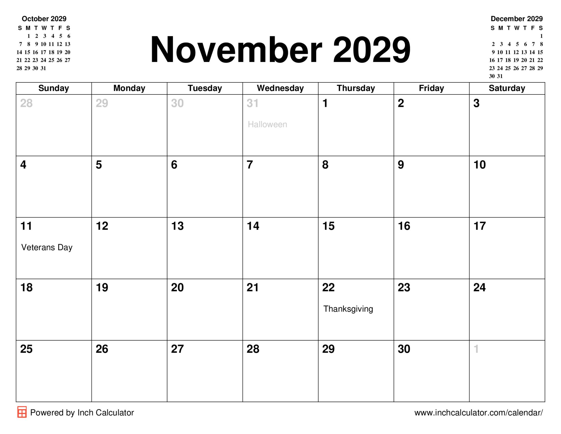 November 2029 calendar with holidays