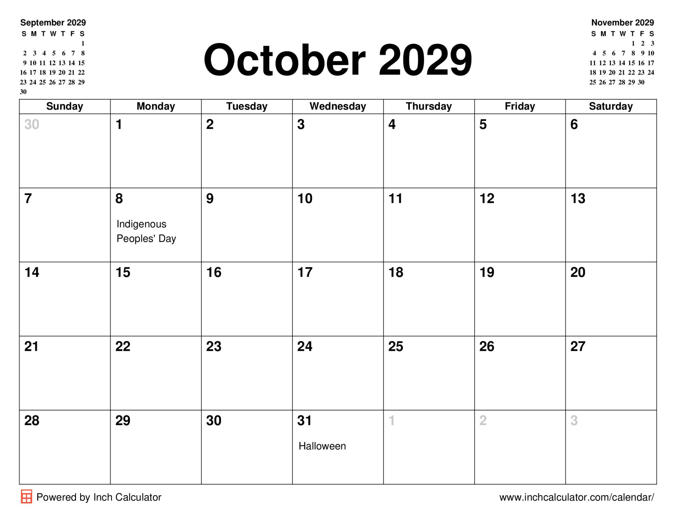 October 2029 calendar with holidays