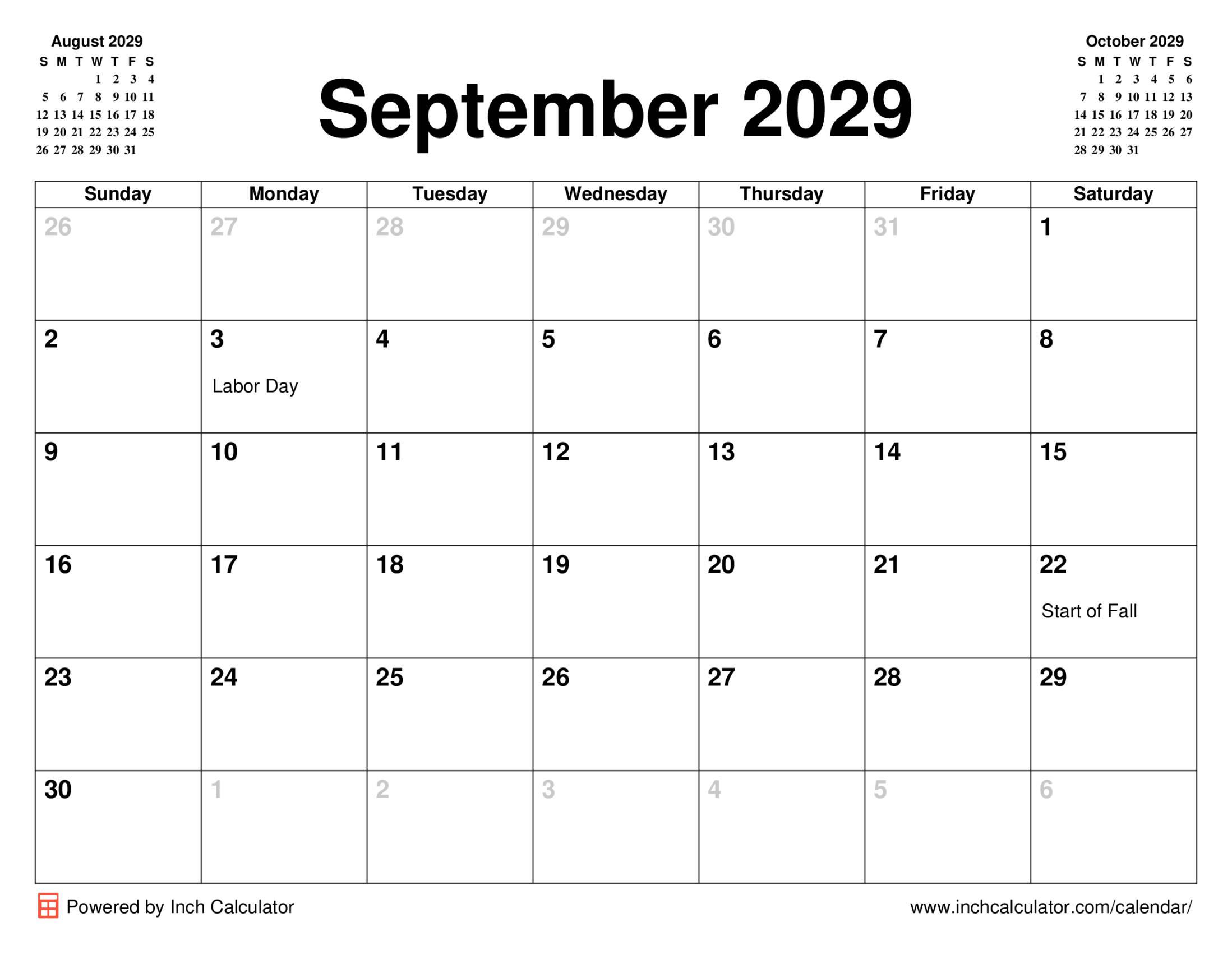September 2029 calendar with holidays