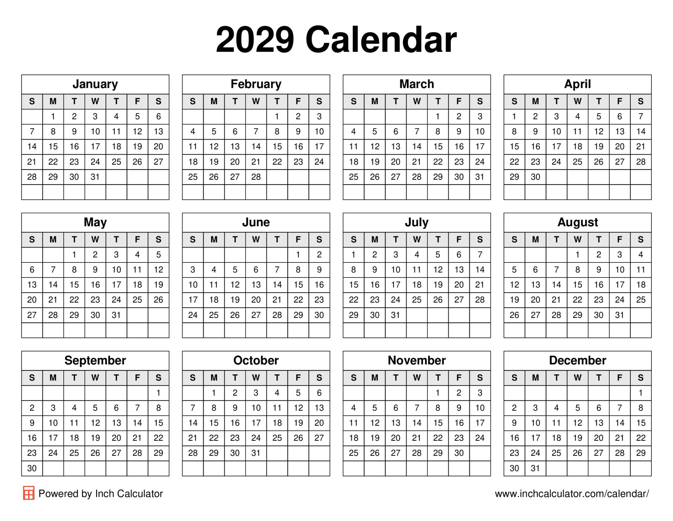 2029 calendar (landscape)