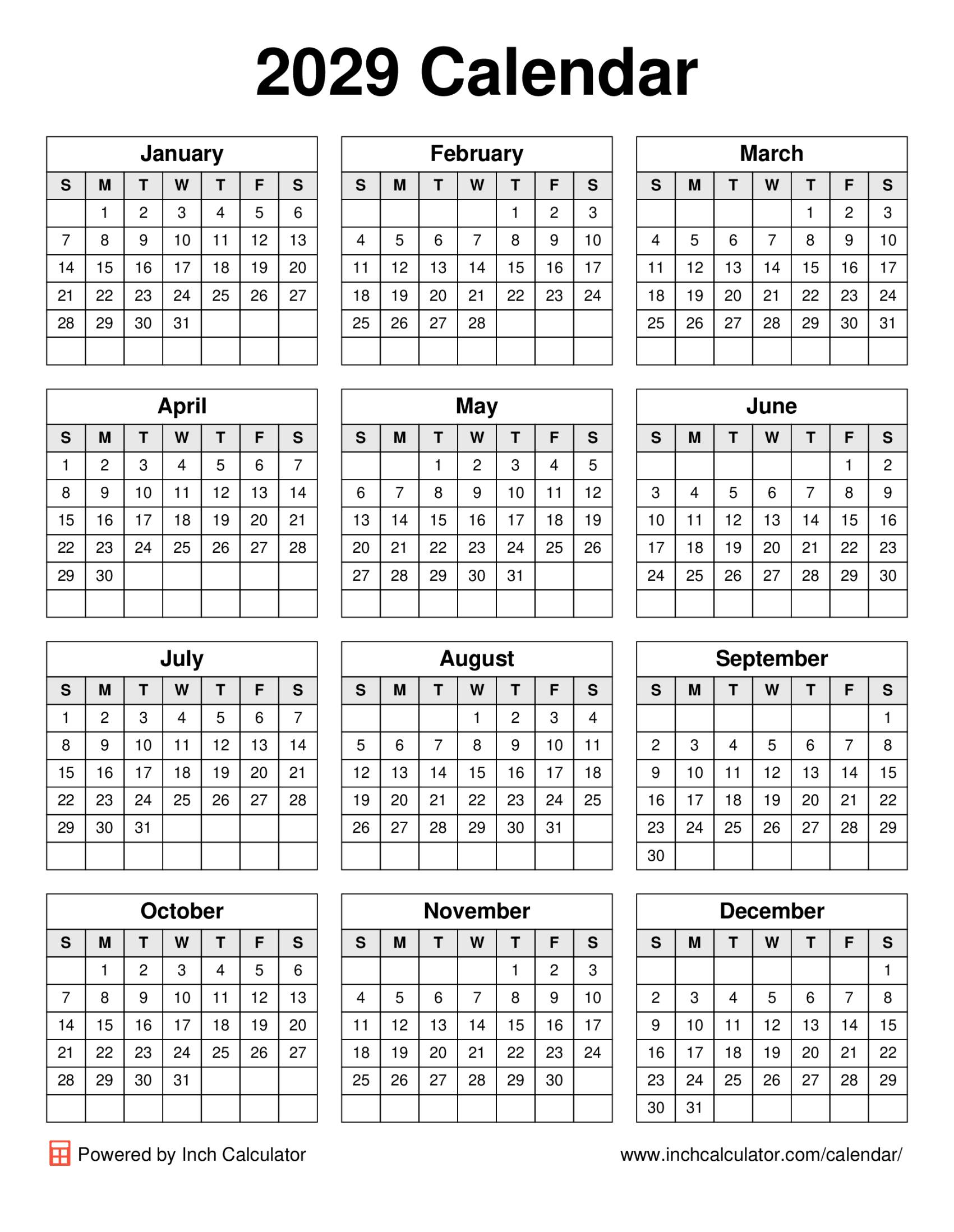 2029 calendar (portrait)
