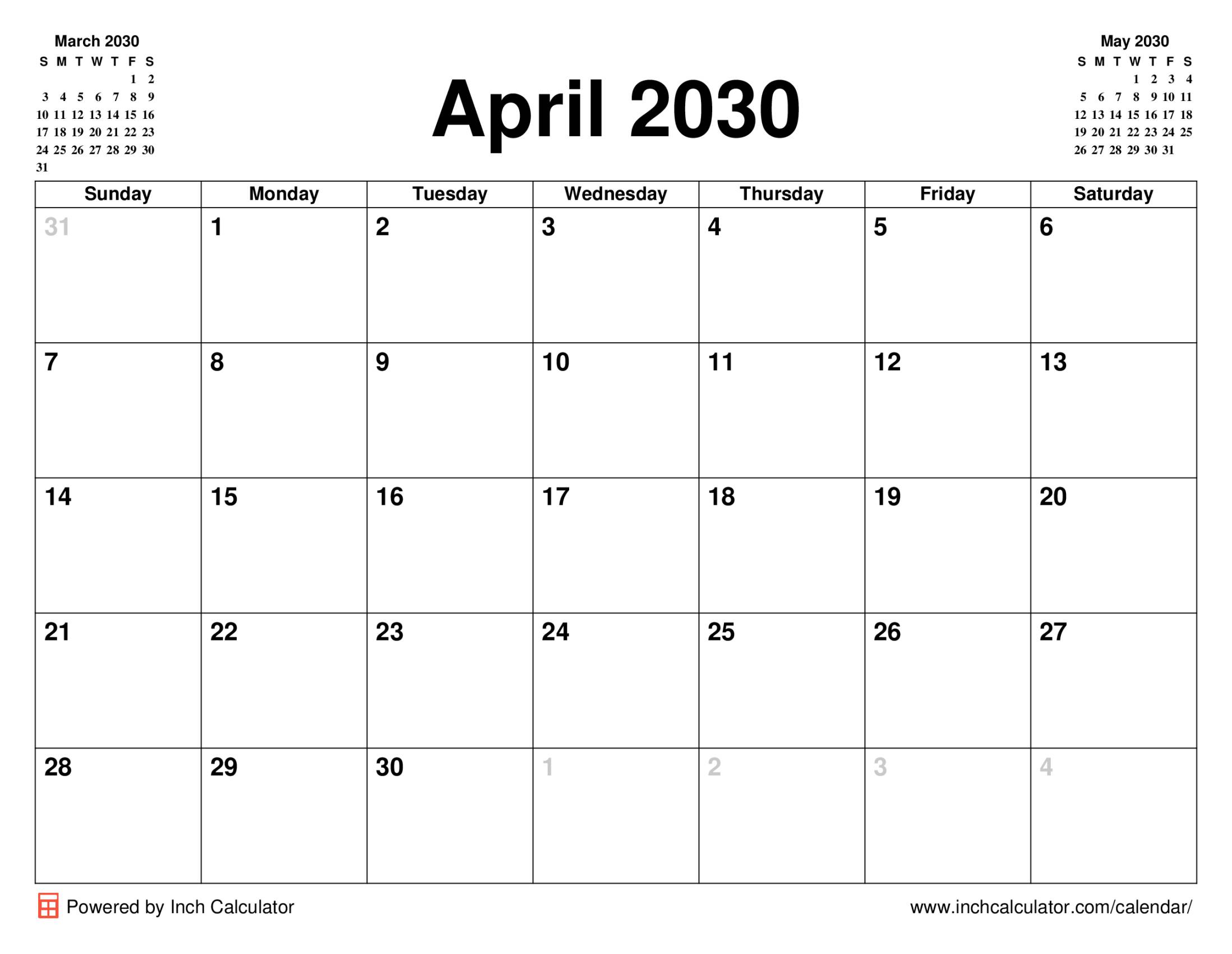 April 2030 calendar without holidays
