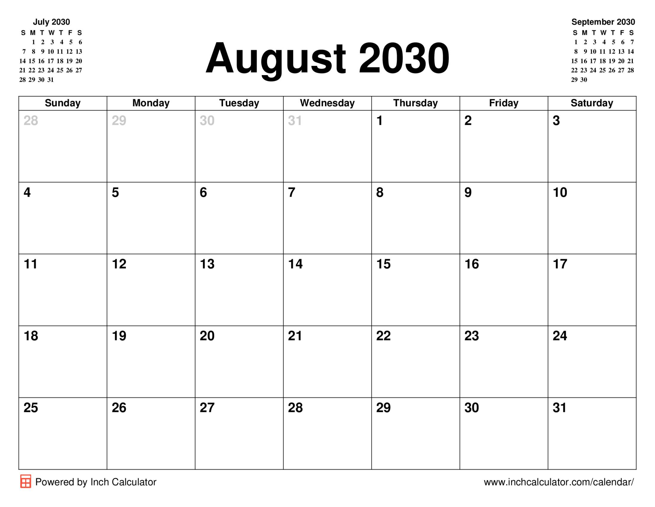 August 2030 calendar without holidays