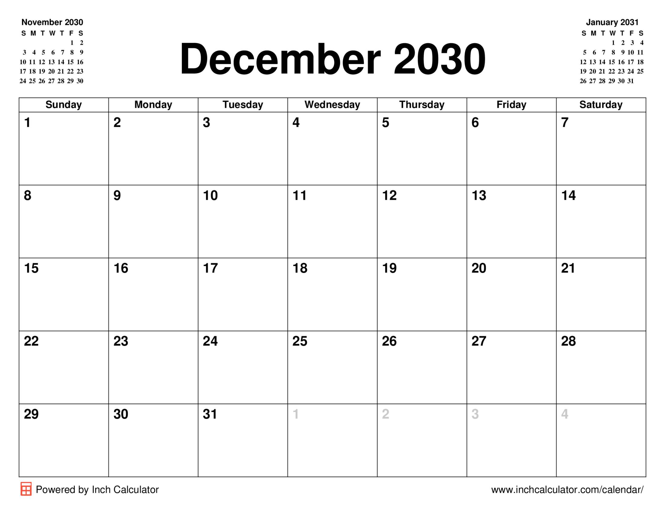 December 2030 calendar without holidays
