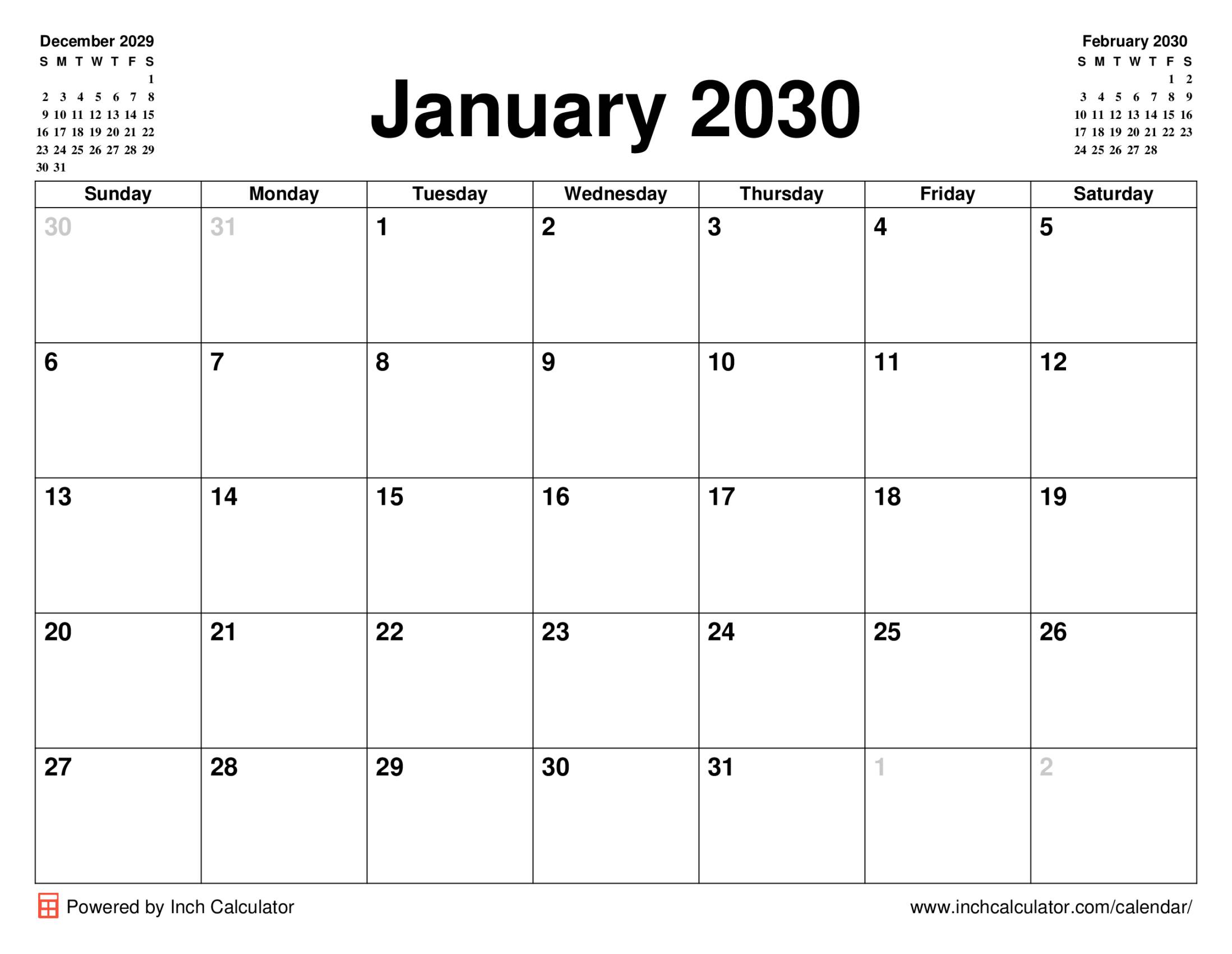 January 2030 calendar without holidays