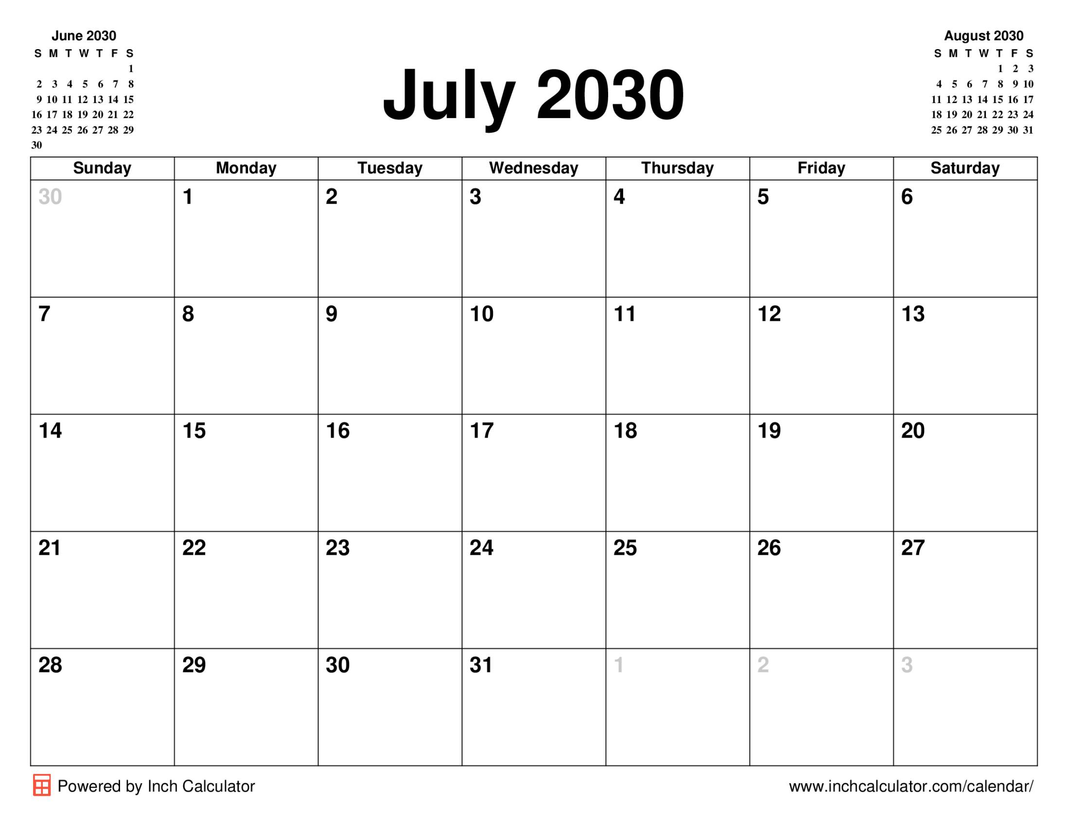 July 2030 calendar without holidays