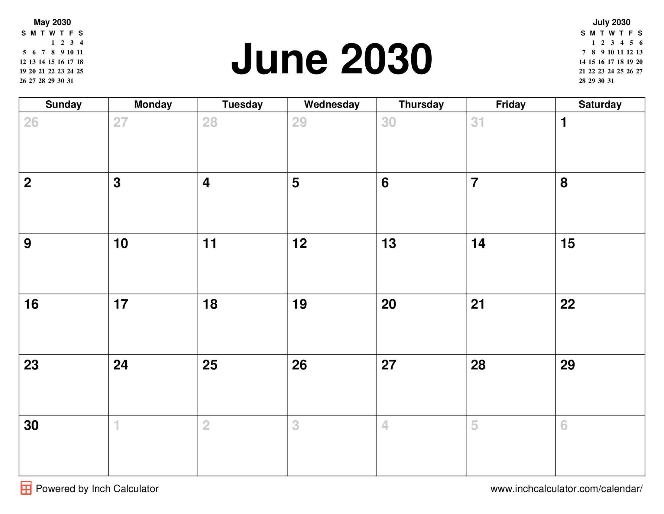 June 2030 calendar without holidays