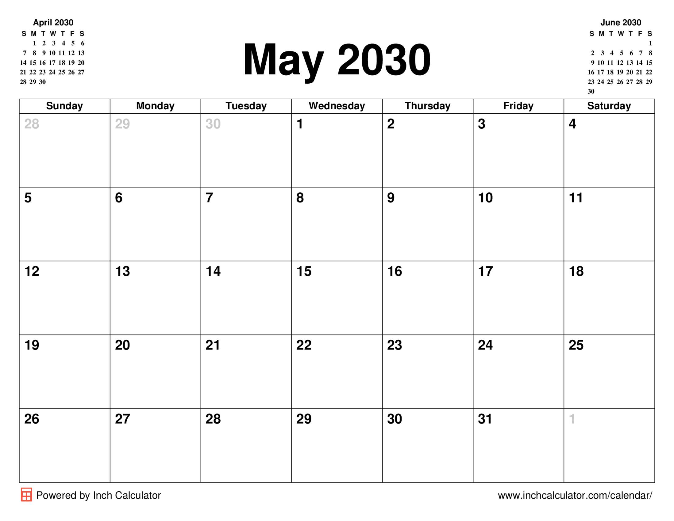 May 2030 calendar without holidays