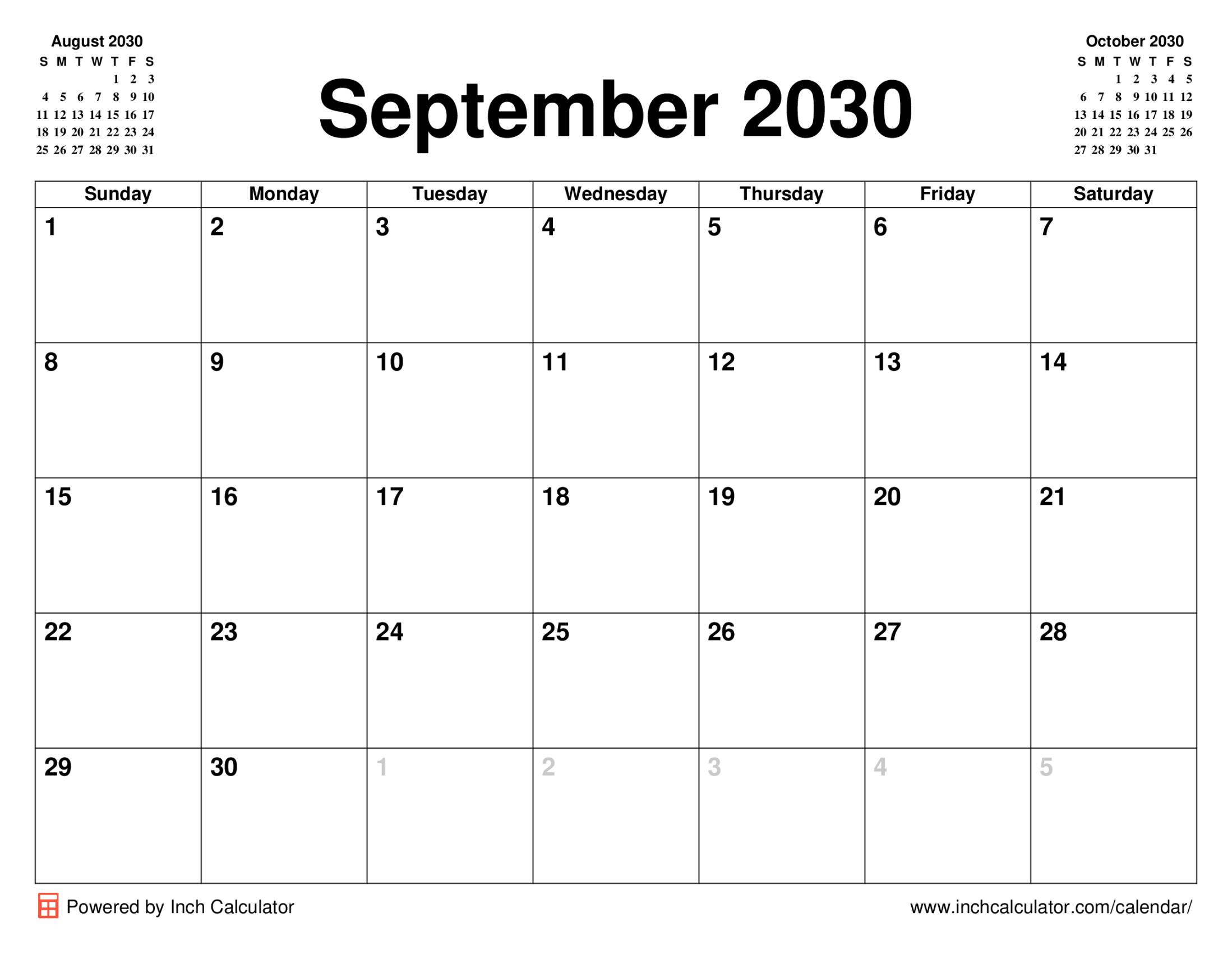September 2030 calendar without holidays