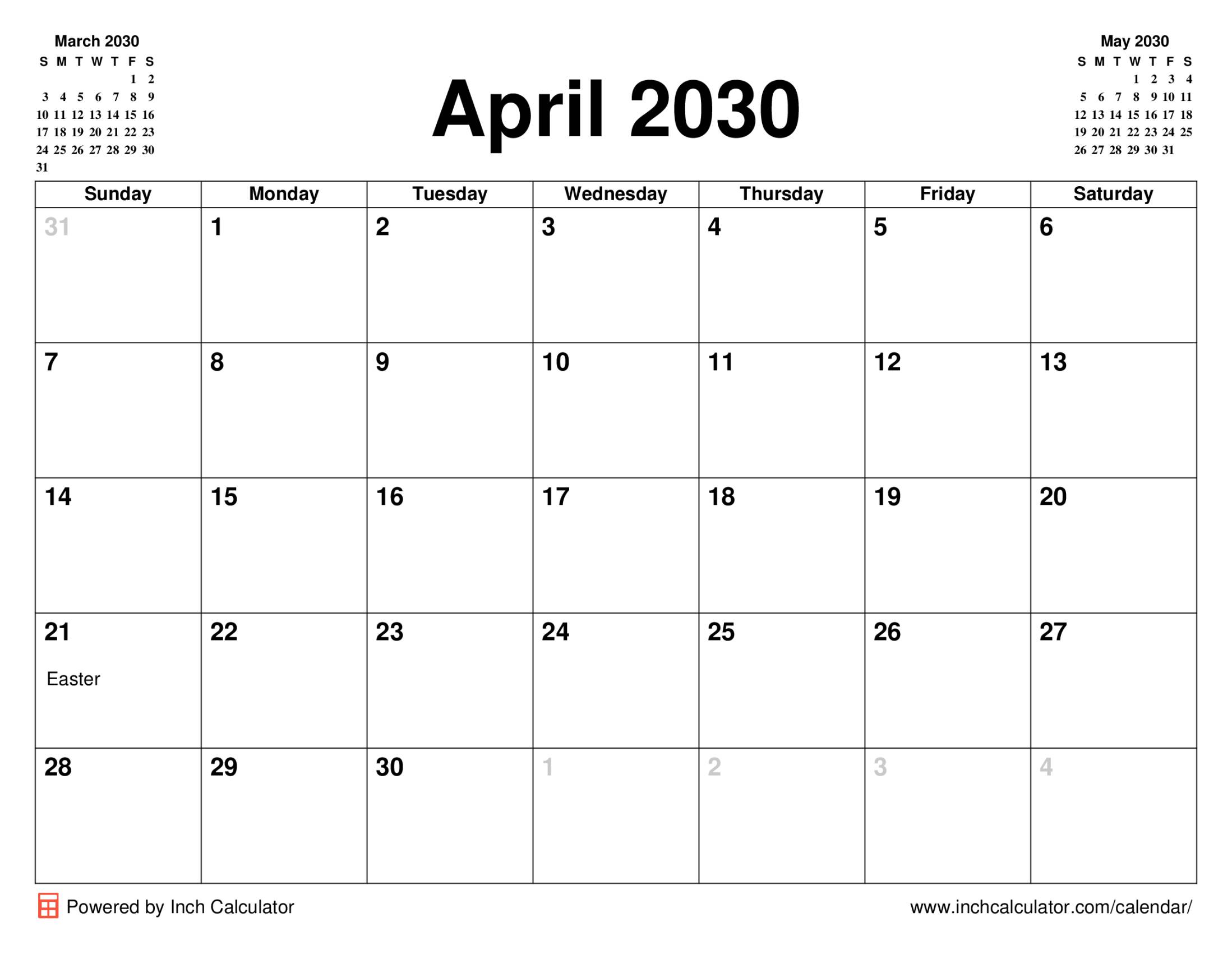 April 2030 calendar with holidays