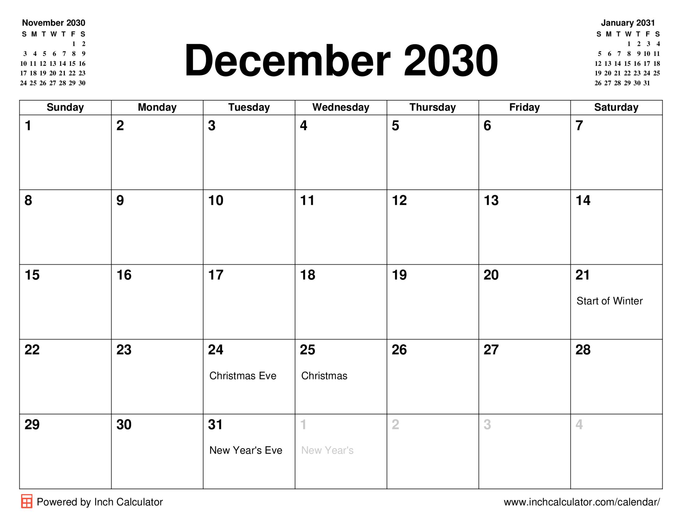December 2030 calendar with holidays