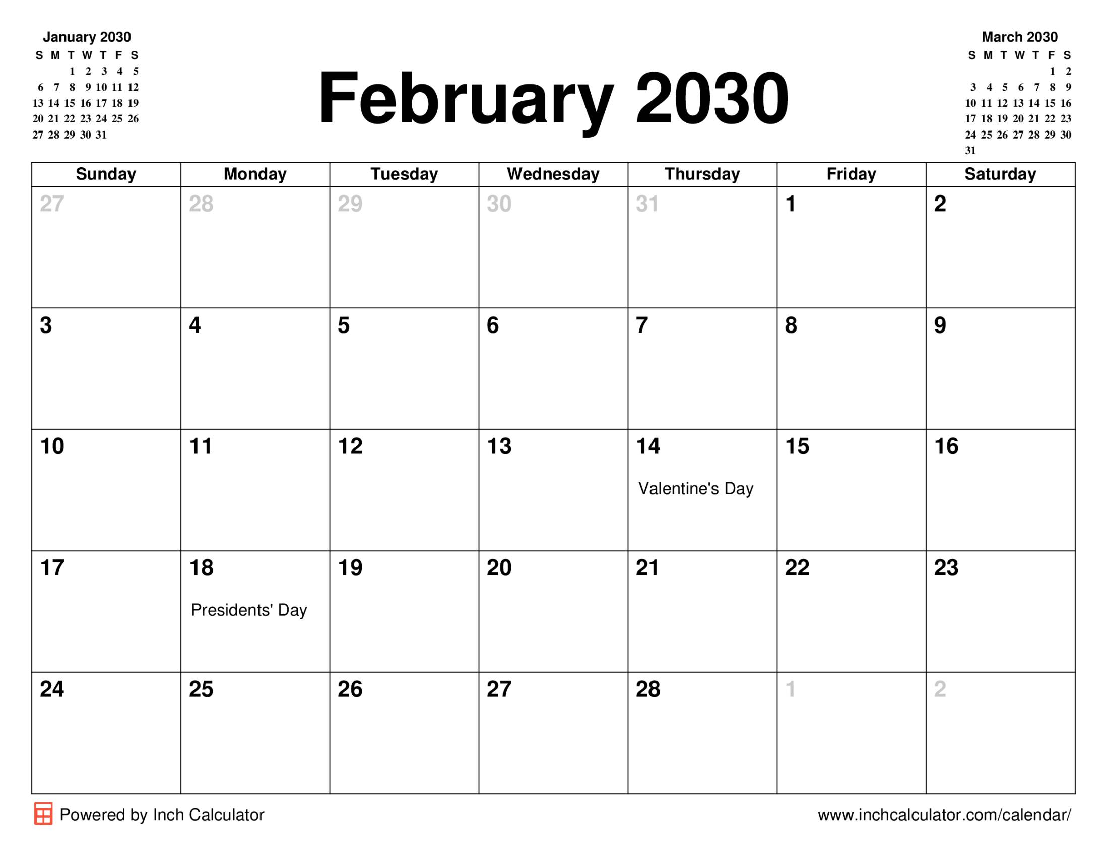 February 2030 calendar with holidays