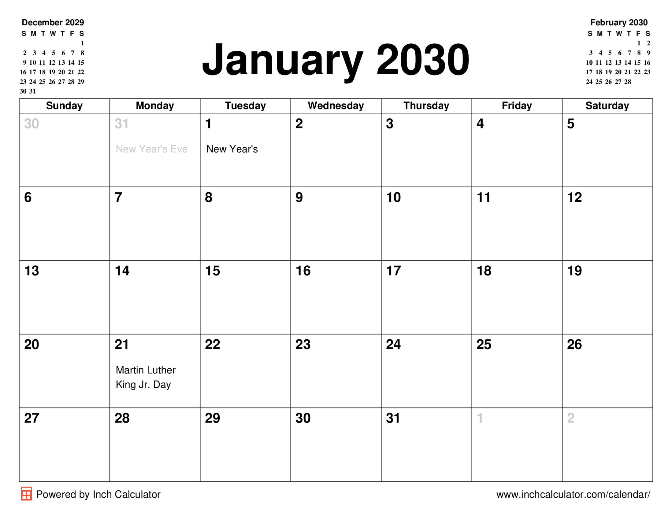 January 2030 calendar with holidays
