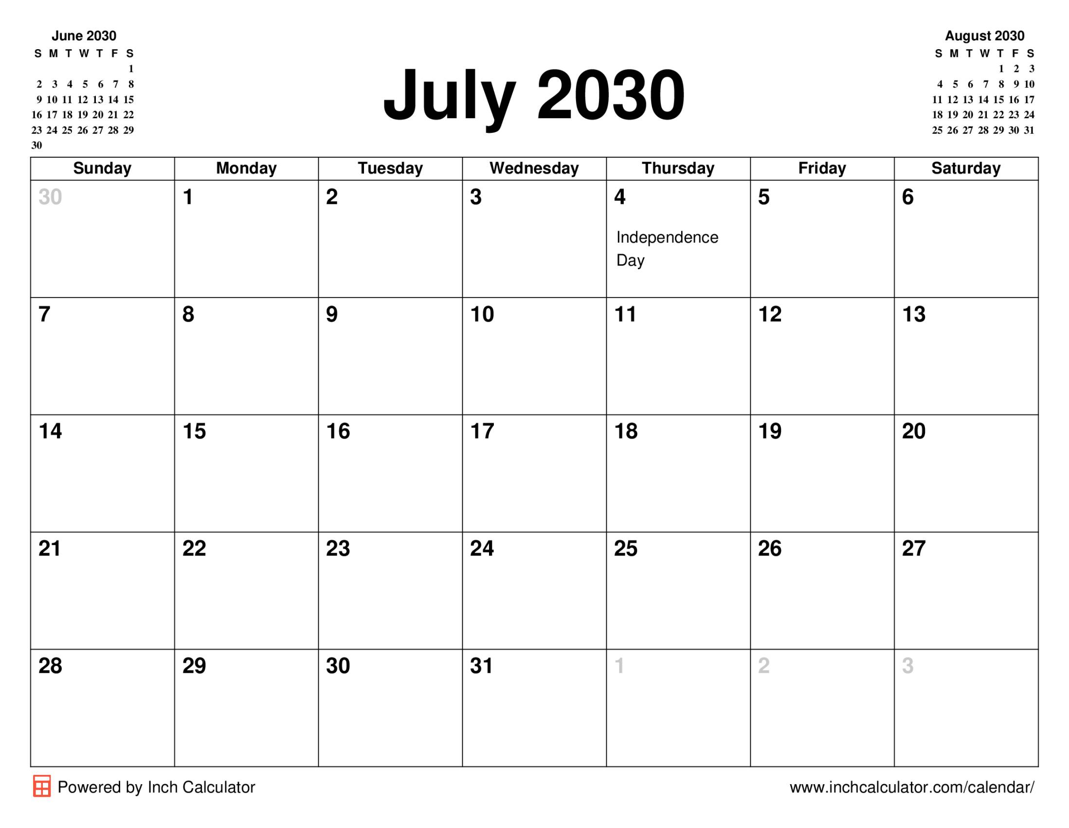 July 2030 calendar with holidays